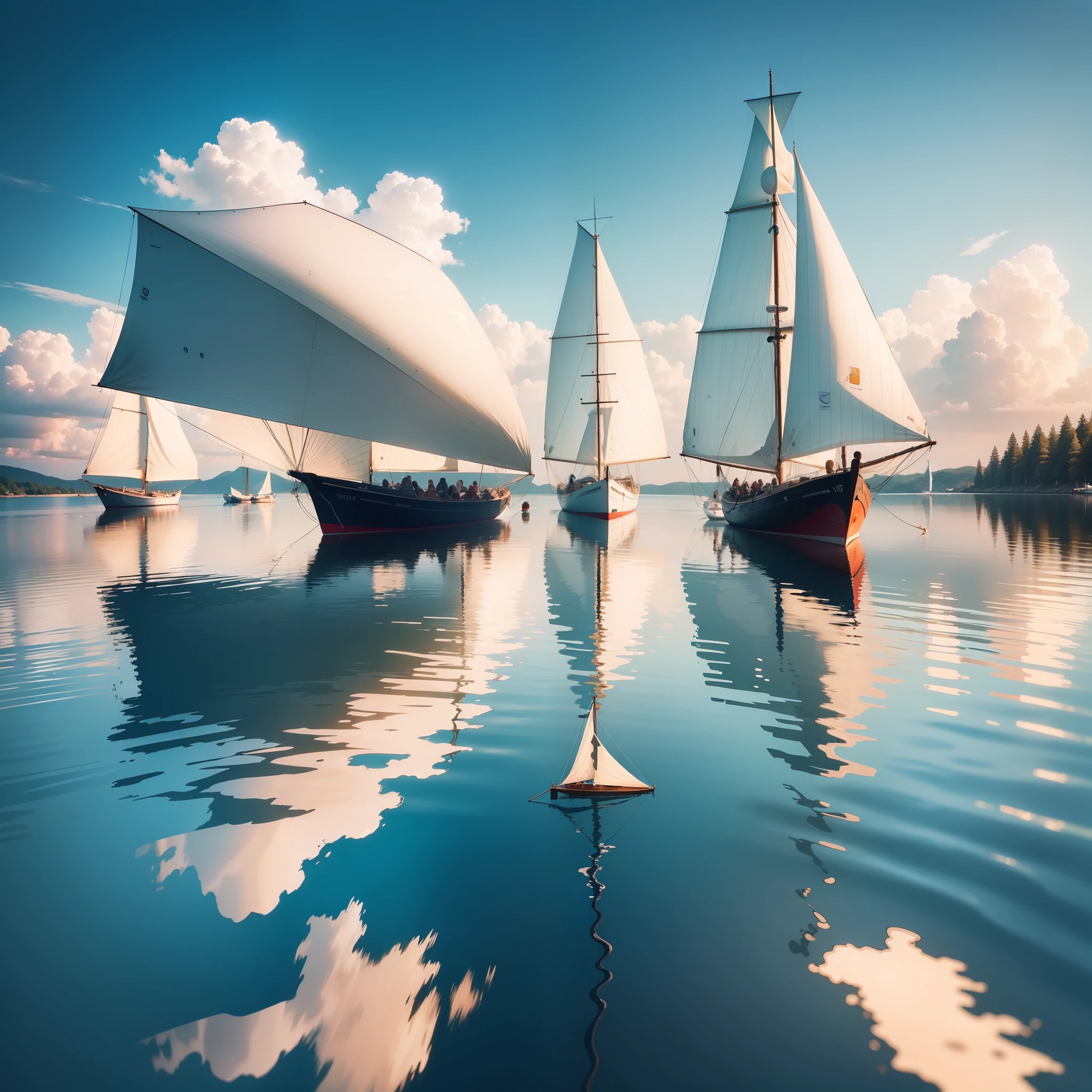 water, sunny, a race of sailboats on a crystal clear lake, the reflections of the sails on the water, 4k, realistic