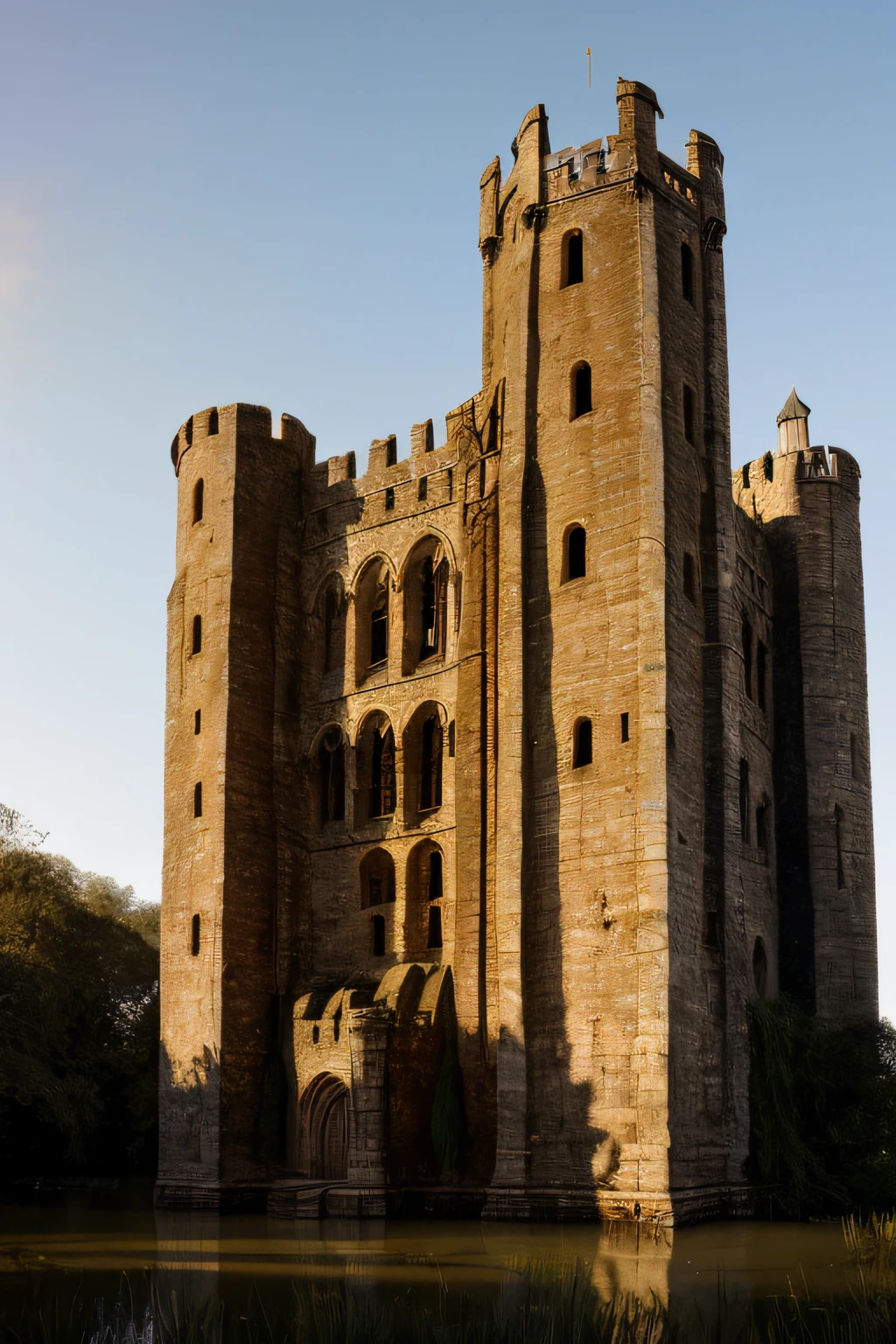 medium shot of a medieval fantasy romanesque tower in a swampy fantasy medieval town, imposing, elaborate architecture, (backlighting), realistic, masterpiece, highest quality, lens flare, shade, bloom, [[chromatic aberration]], by Jeremy Lipking, by Antonio J. Manzanedo, digital painting