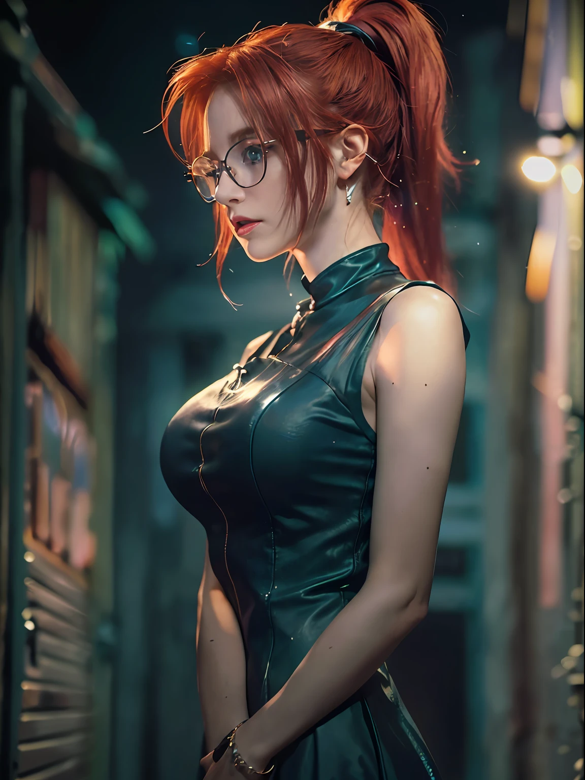 (Character: one irish woman, (40 years old), red hair, ponytail hair)
(Clothing: cyan vintage dress, glasses)
(cyan color scheme, close-up, portrait)
(Background: dark alley at night:1.3, intense urban lights in background, dark, ominous)
(Style: ((masterpiece:1.5)), (face detailed), photo-realistic:1.3, hyperrealistic, , high contrast, shiny skin, soft lighting, backlighting, bloom, light sparkles, chromatic aberration,)