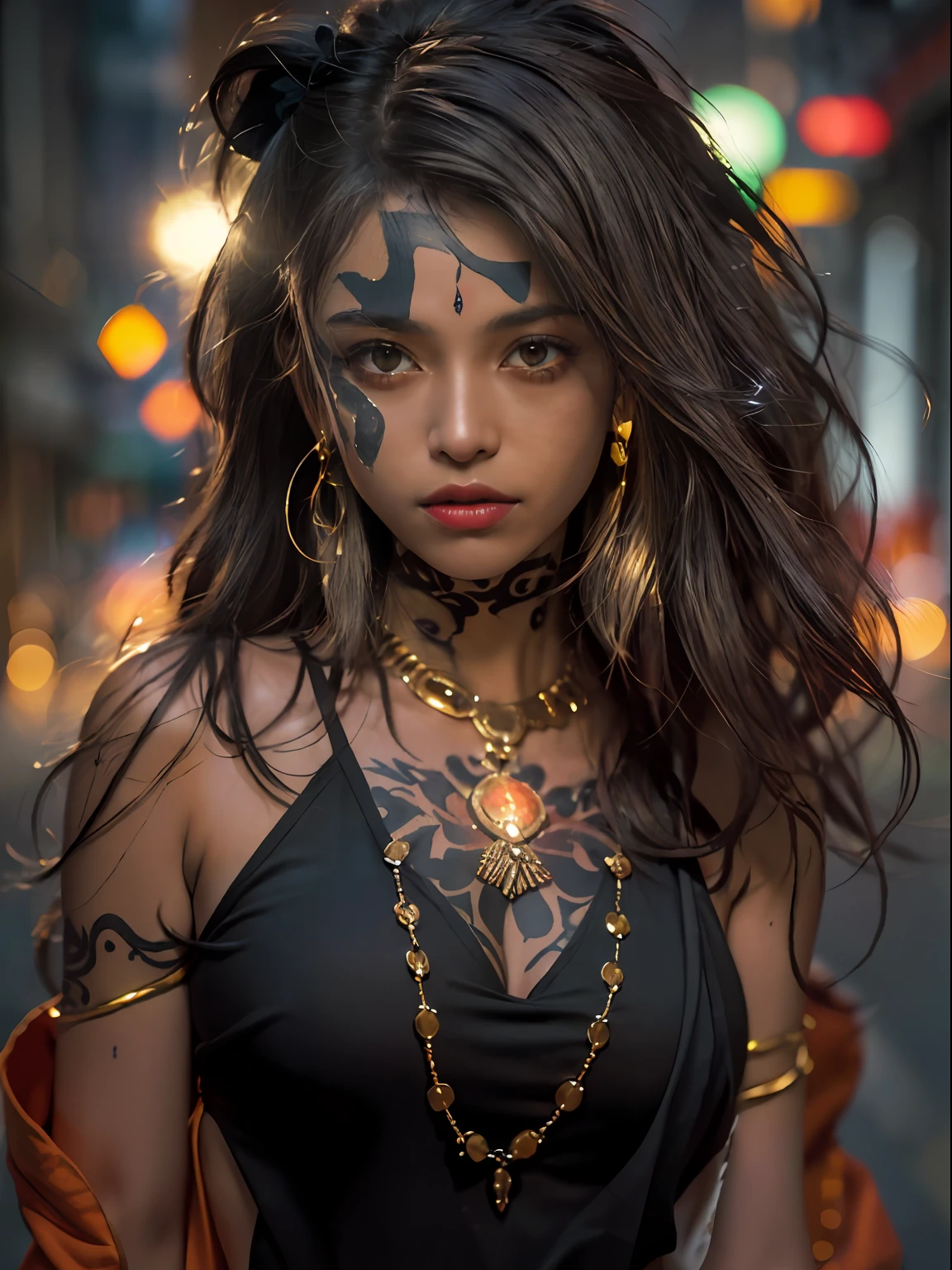 (Character: one mexican woman, mystic, brown skin, medium messy hair)
(Clothing: orange inca poncho, amulets, inca tattoos)
(orange color scheme, close-up, portrait)
(Background: dark alley at night:1.3, intense urban lights in background, dark, ominous)
(Style: ((masterpiece:1.5)), (face detailed), photo-realistic:1.3, hyperrealistic, , high contrast, shiny skin, soft lighting, backlighting, bloom, light sparkles, chromatic aberration,)