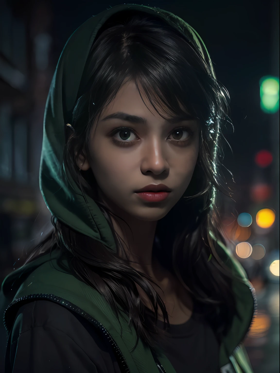 (Character: one Indian woman, brown skin, big eyes, black short hair)
(Clothing: black workout clothes, green khimar)
(green color scheme, close-up, portrait)
(Background: dark alley at night:1.3, intense urban lights in background, dark, ominous)
(Style: ((masterpiece:1.5)), (face detailed), photo-realistic:1.3, hyperrealistic, , high contrast, shiny skin, soft lighting, backlighting, bloom, light sparkles, chromatic aberration,)