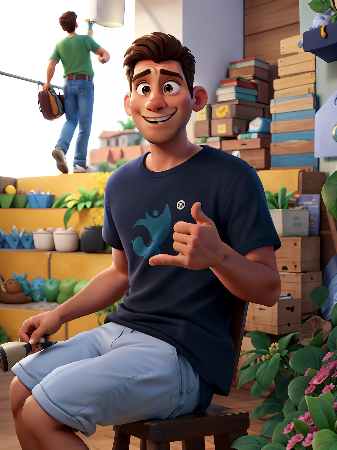um jovem bonito, aproximadamente 20 anos, brown hair with ultra definition blonde details, pele branca, conjunto de camiseta preta, bermuda branca, High Definition hiphop gold cord, Pixar, Disney, olhos castanhos, Pixar style in high definition pixar style, Disney in Ultra Definition, ao fundo uma escadaria estilo disney pixar, with vivid colors in high definition, Flowers around in high definition, professional studio cinematic lighting, with high definition colors and details