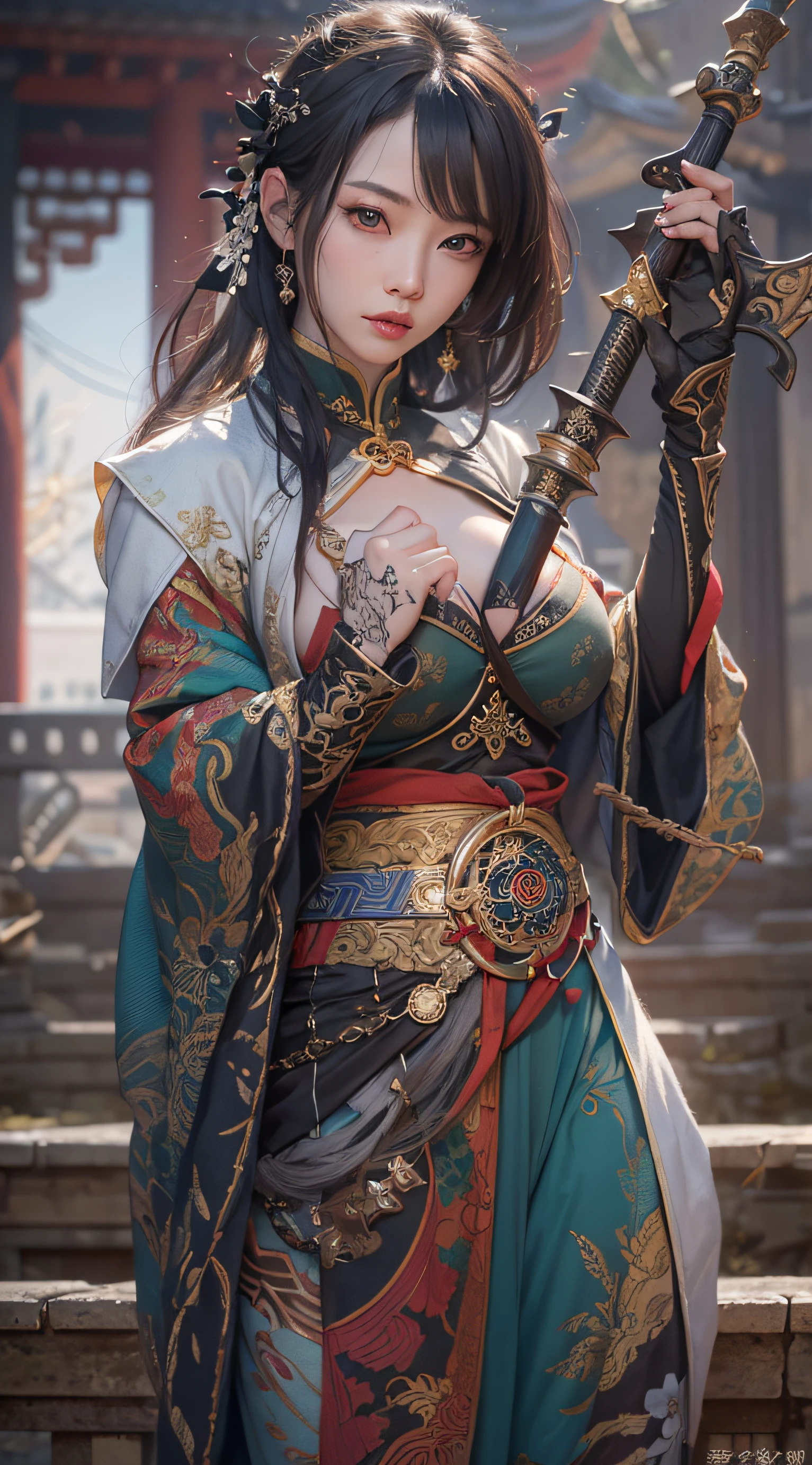 Best quality,masterpiece,ultra high res,(photorealistic:1.4),xiuxian,weapon,Detailed face, 1girl,solo,weapon,cleavage,(magic circle:1.2),xiuxian,upper body,Beautiful girl,full body,huge breasts,east asian architecture,sheath,architecture,