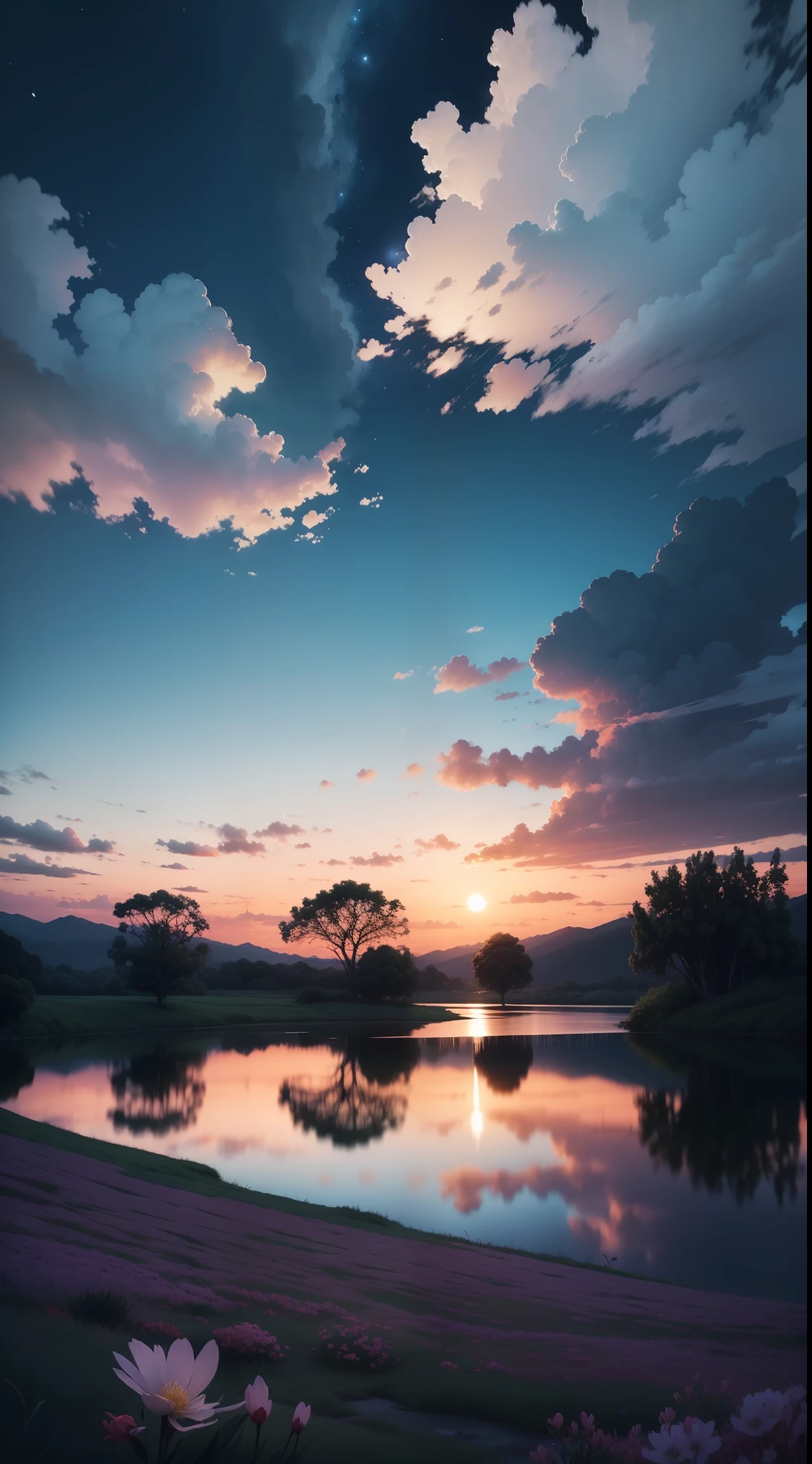 paisagem natural, beautiful sky, de noite, grama, tree, flor, Lago Cristalino, some clouds in the sky, noite, detalhado, Full HD