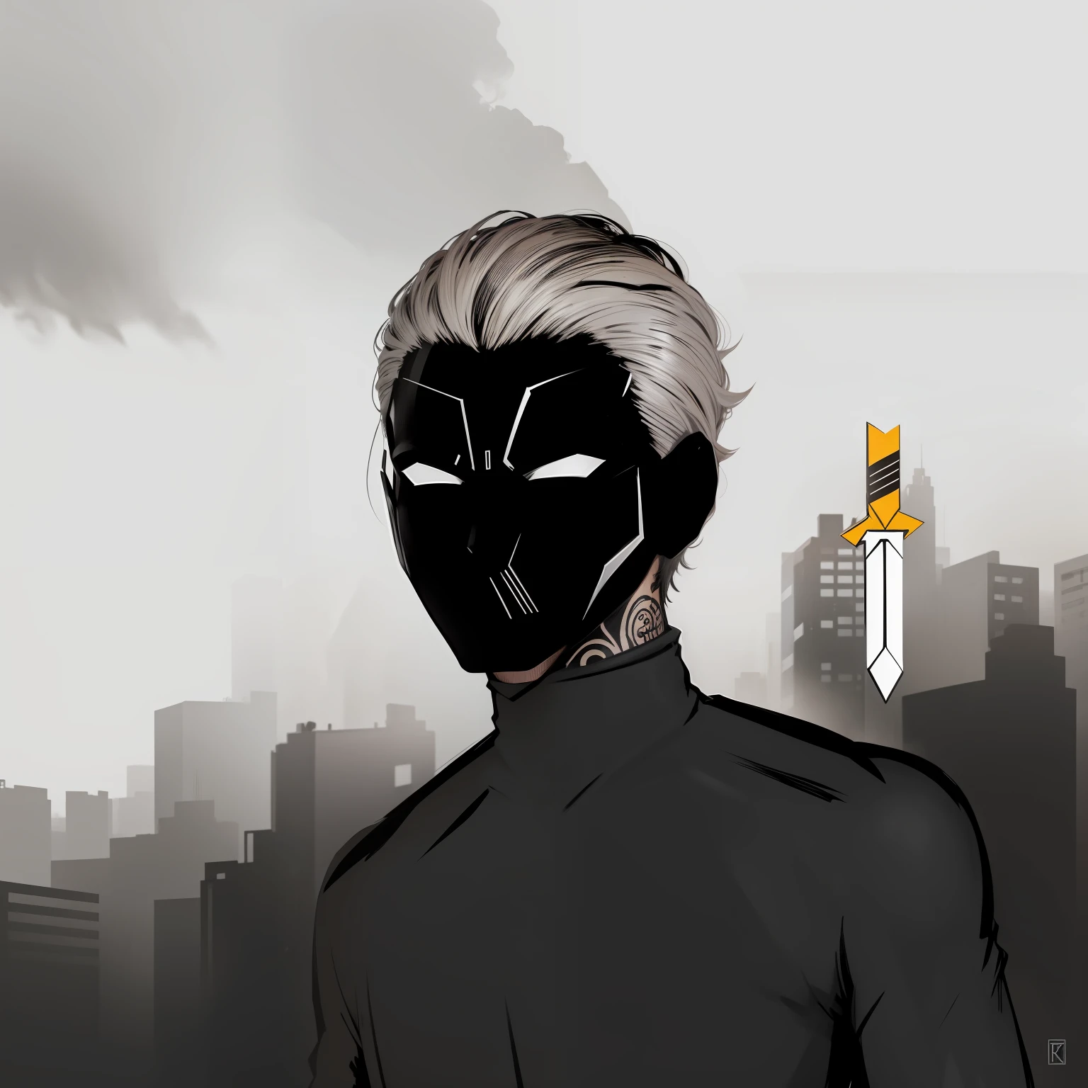 Headshot, personagem, Dark, black mask. Cabelo com mechas brancas, faca flutuante, roupas pretas, neck tattoos, arte digital