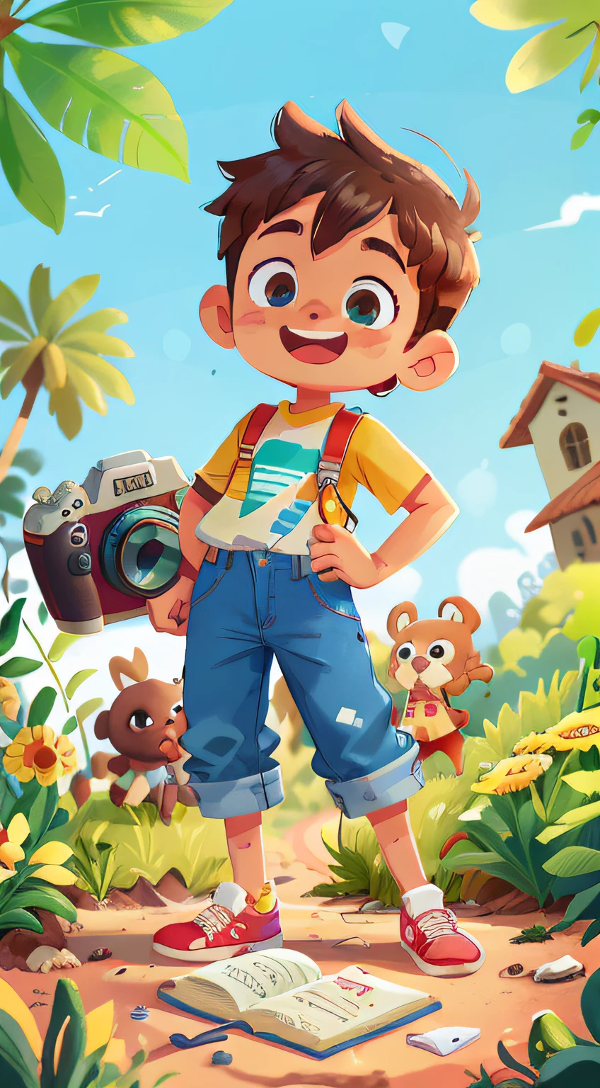 Um menino, boy, 4 anos, corpo inteiro, sorrindo, olhos castanho claro brilhante, cabelo curto castanho claro, Denim Jeans Pants, camiseta cor branco, olhando para a camera, Brazilian , olhos castanhos, cilios grandes, facing the full body camera, tenis skate, bracos ao lado do corpo, feliz, feliz, qualidade perfeita, foco claro (desordem - casa: 0.8), (obra-prima: 1.2) (realista: 1.2) (bokeh) (melhor qualidade) (pele detalhada: 1.3) (detalhes intrincados) (8K) (olhos de detalhe) (foco nítido), (feliz)