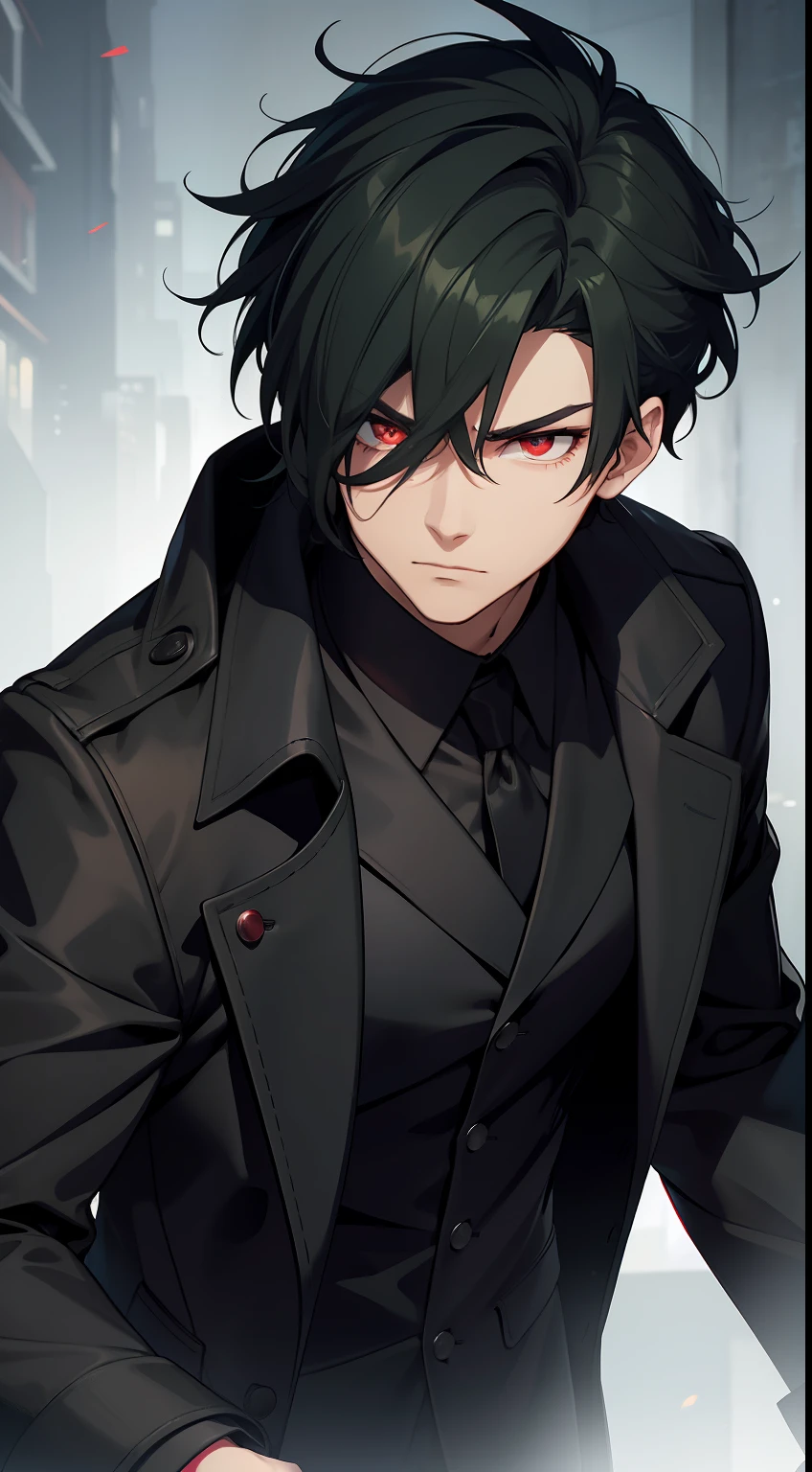 a guy wearing  a black overcoat with short green hairs and red shining eyes