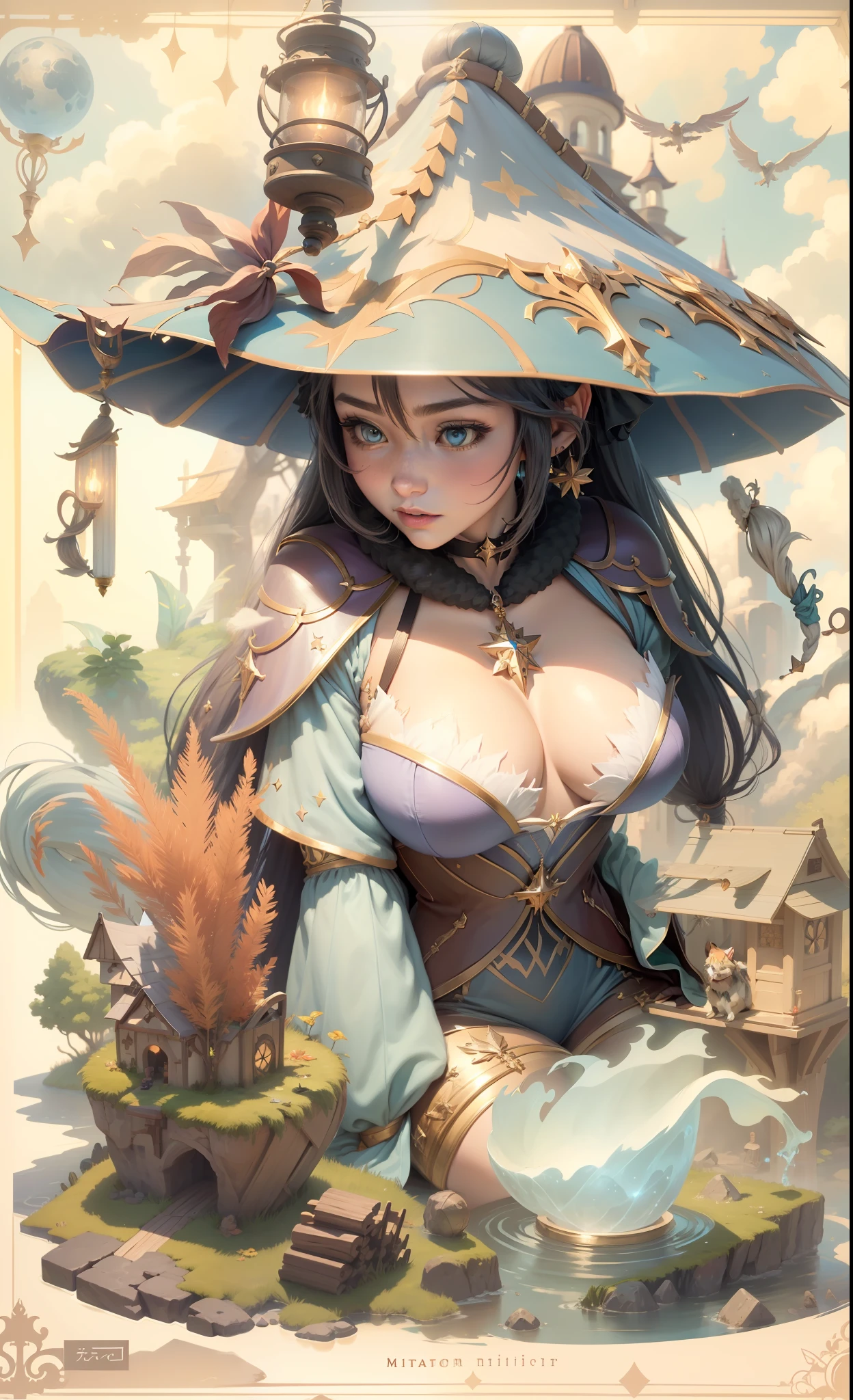 tmasterpiece，best qualtiy，ultra - detailed，illustratio，1girll，独奏，fanciful，flight，broom，nigh sky，exteriors，magia，incantation，themoon，As estrelas，​​clouds，ventania，the hair，cloaks，bucket-hat，Boots，broom，with light glowing，mistic，Attractive cleavage，Whimsical，fun，Adventurous，Free，Miraculous，Imaginative，Determined，Skillful，Speedy，kinetic，Energetic，Realist，Naturalistic，Figurative，Figurative，The beautiful，Fantasy culture，mito，fairytale-like，Middle Ages，legends，sorceress woman，the witcher、Magical creatures、Fantasy world、proportionate、foreground、中景 the scene is、Background with、ssee-through、llight rays、colours、Textured、the detail、Beauty Feeling、miracle，beautiful boobs，Magic surrounds，Magic unleashed，Ray traching，Large  size，