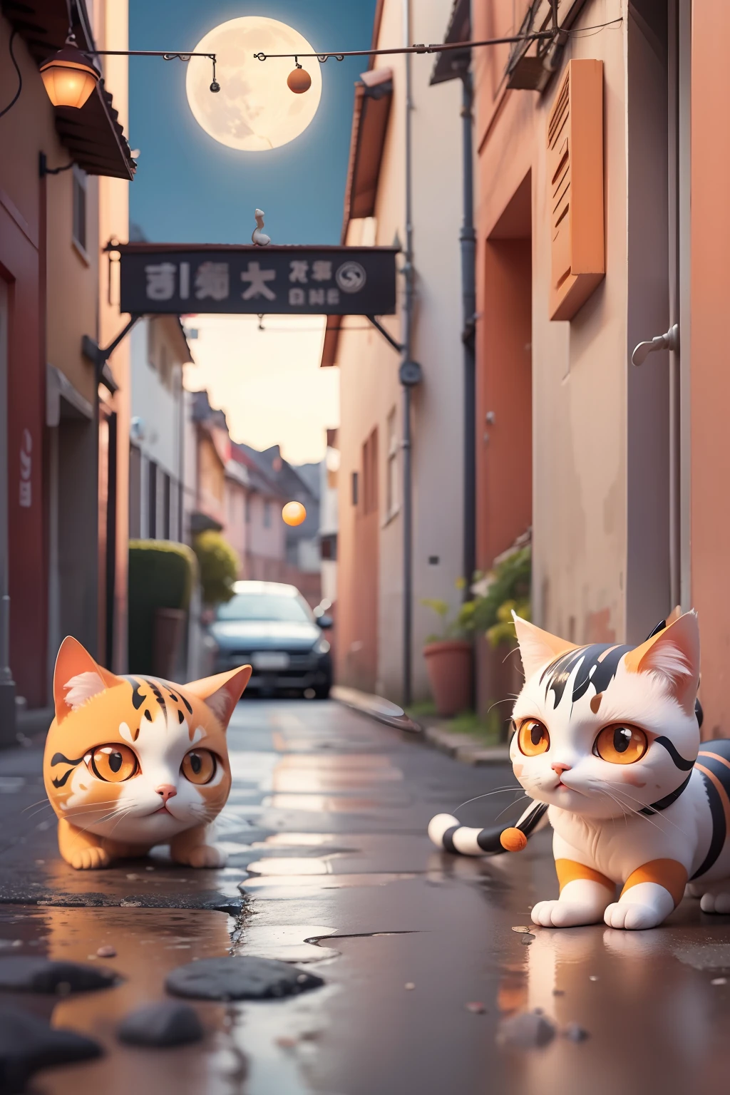 catss,orange colors,adolable,largeeyes,moon full,alley
