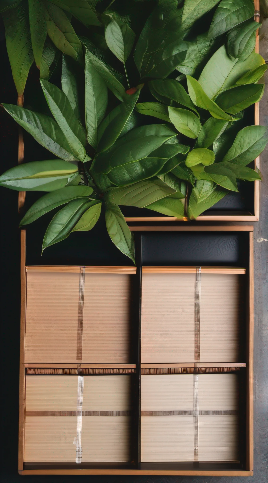 Two square boxes,Slight top-down,It is surrounded by tea plantation-like leaves,There is dirt,Coffee tree leaves are placed,There are long-leaved plants。Black dark tones,Perfect early morning light