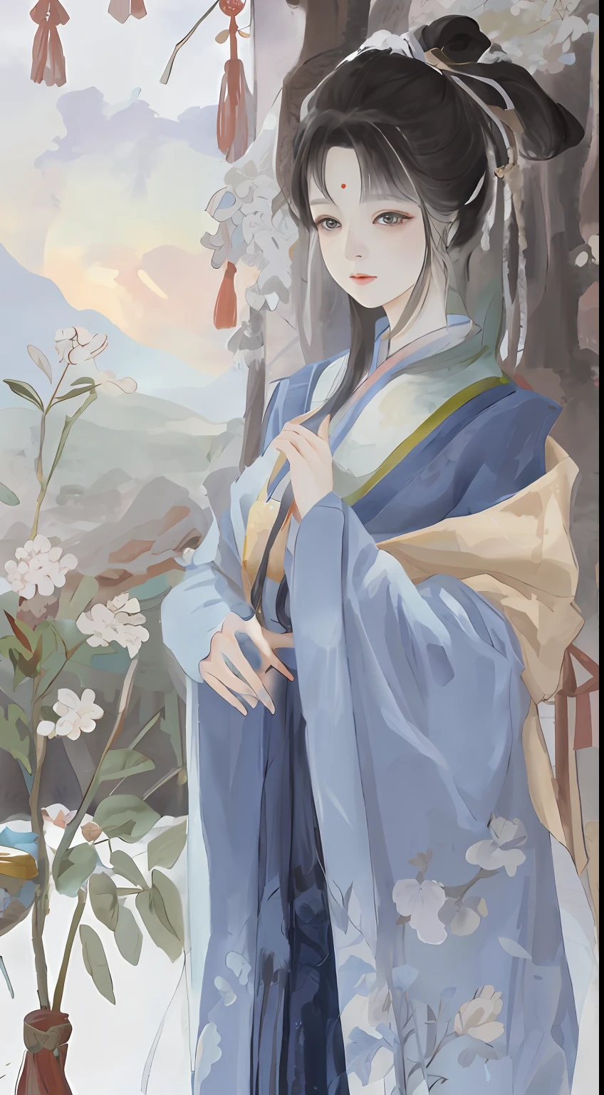 An ancient Chinese beauty standing by the river,中景 the scene is,(Full body appearance),Wear ancient Chinese clothing,Flowing tulle silk,(Detailed and perfect facial details),(Beautiful and affectionate eyes),Flowing silky hair,Pavilion,the trees,Flying birds,The vista is mountains,Ink painting style,Clean colors,Decisive cut,Leave white space,impressionistic,tmasterpiece,(8k wallpaper),(Extremely meticulous and perfectly detailed painting),Epic composition,high high quality,HighestQuali,Master works of painting,realisticlying,Inspired by:《Suzhou Garden》,RAY rendition