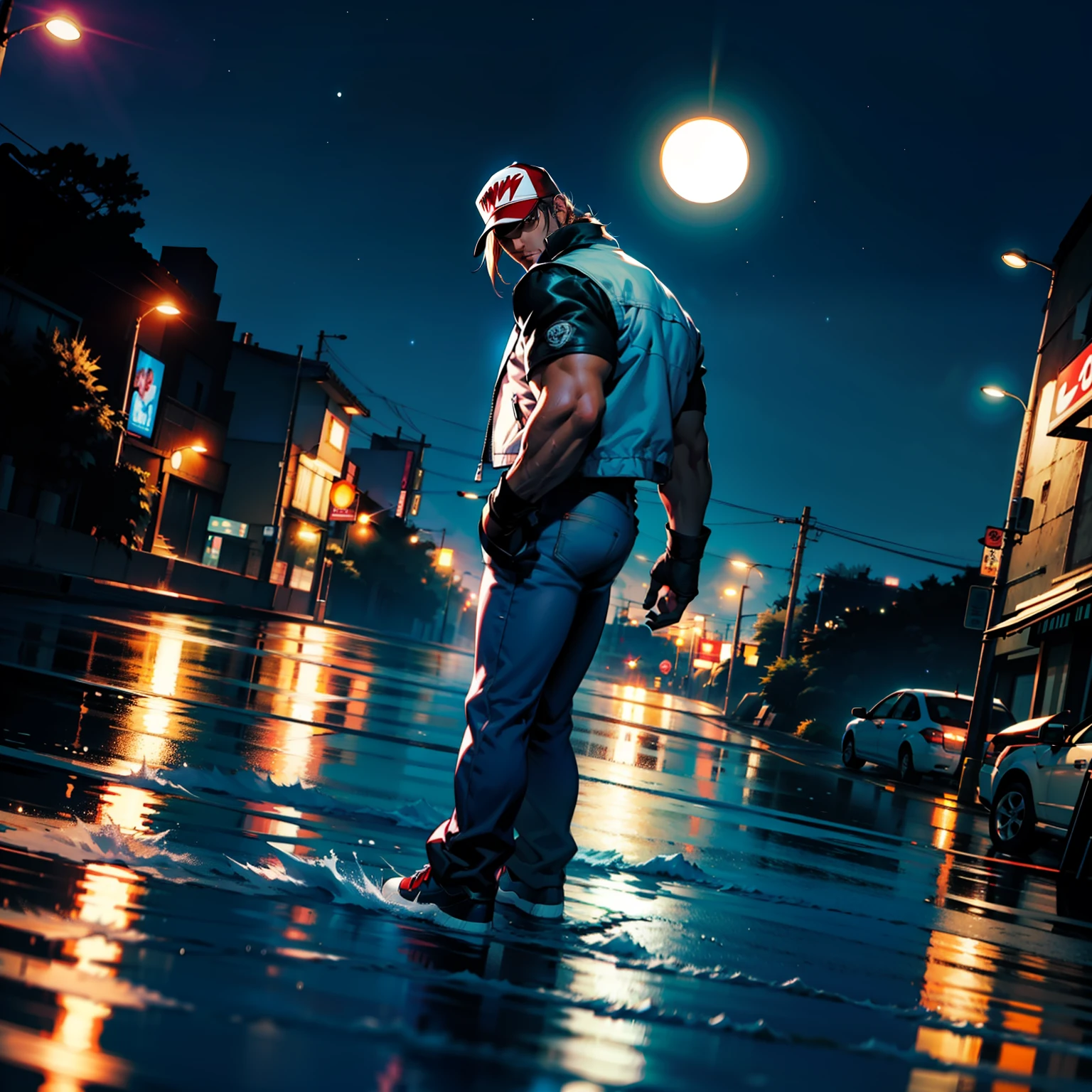 Terry Bogard de The King Of fighters XV, vestindo uma jaqueta com uma estampa de uma estrela branca nas costas, em um beco da cidade de Shibuya, in the nighttime, chovendo, bem iluminado, reflective water, efeitos de reflexo, RTX, 4k