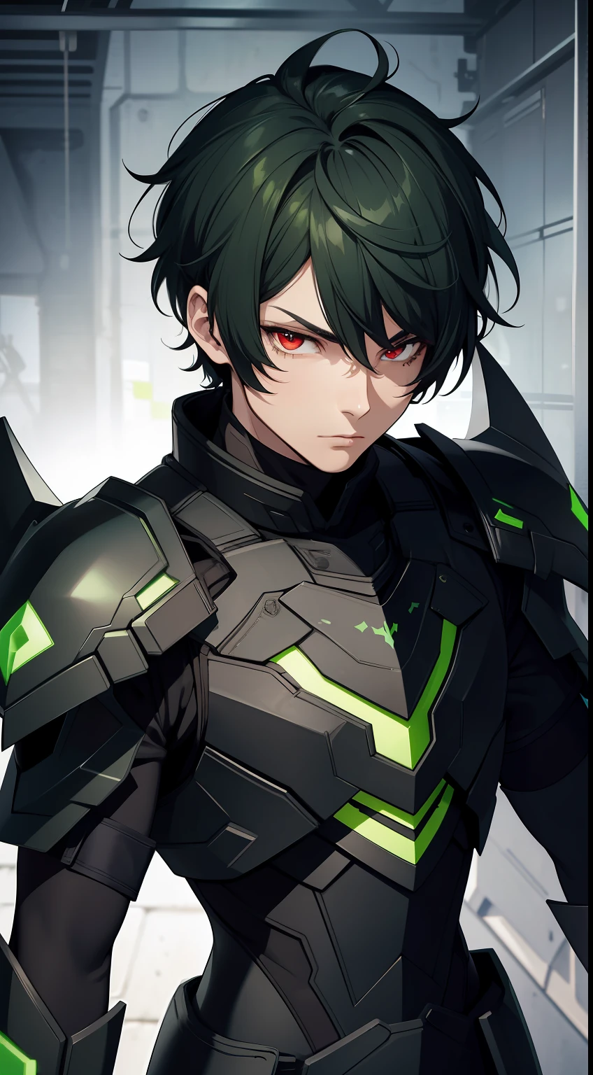 a guy wearing a black armor with green details with short green hair and shining red eyes