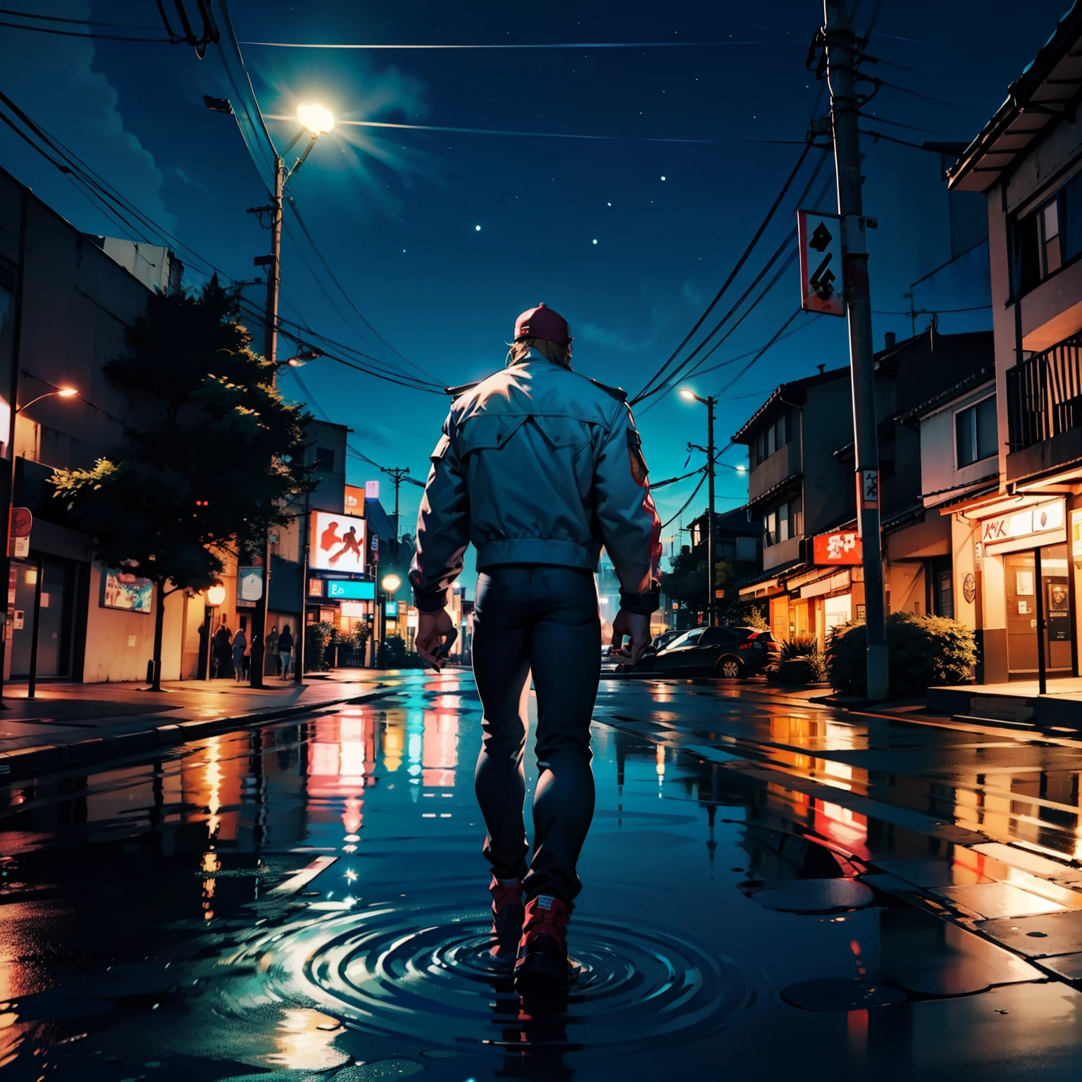 Terry Bogard de The King Of fighters XV, vestindo uma jaqueta com uma estampa de uma estrela branca nas costas, em um beco da cidade de Shibuya, in the nighttime, chovendo, bem iluminado, reflective water, efeitos de reflexo, RTX, 4k