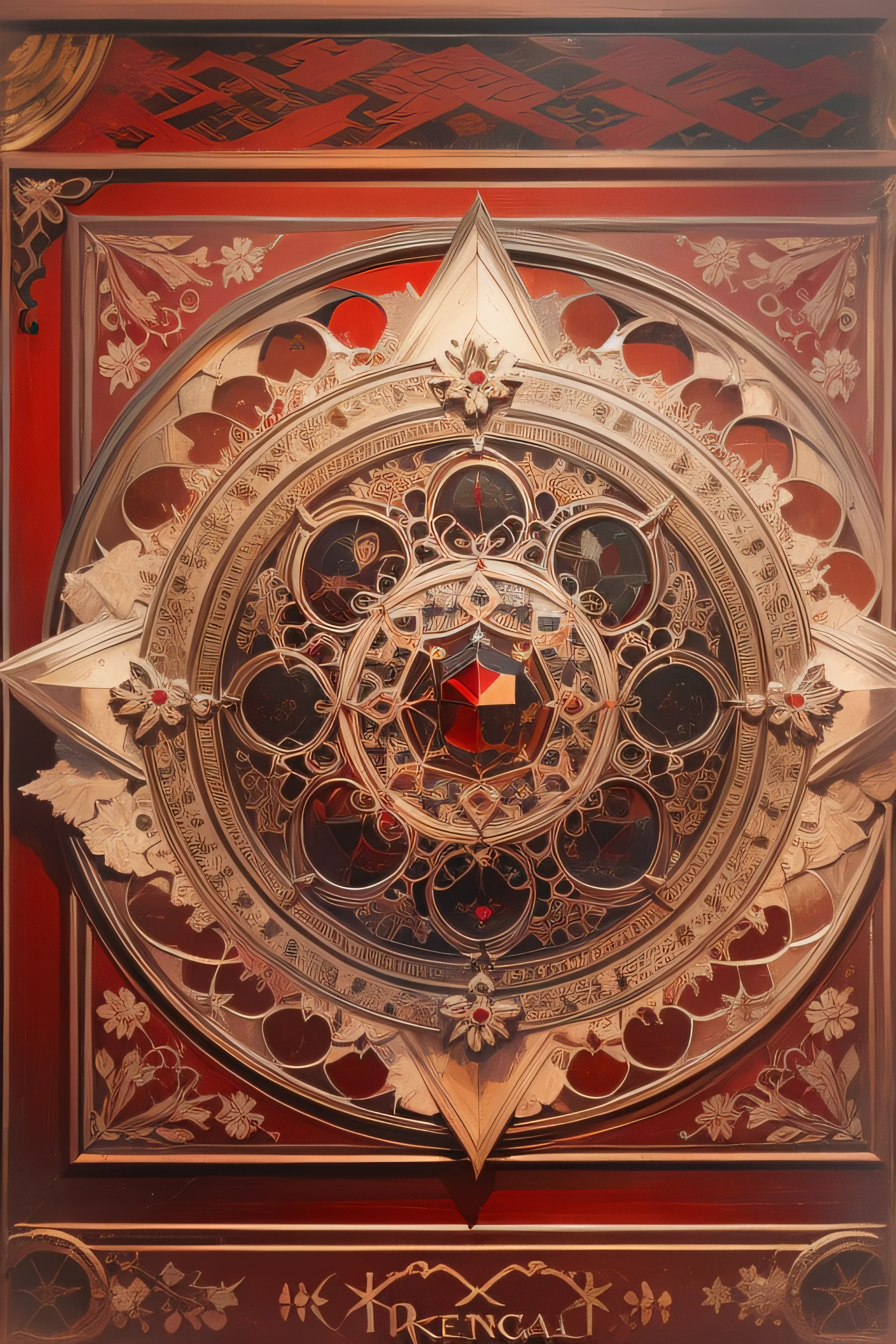 estrela de cinco pontas, magia, simetria, maths, renascentista, oil painting, 2d canvas, altamente detalhado, intricado, classic paint, red monochromatic, cristal, ornamentado, circles, Gothic ornament, graphic design