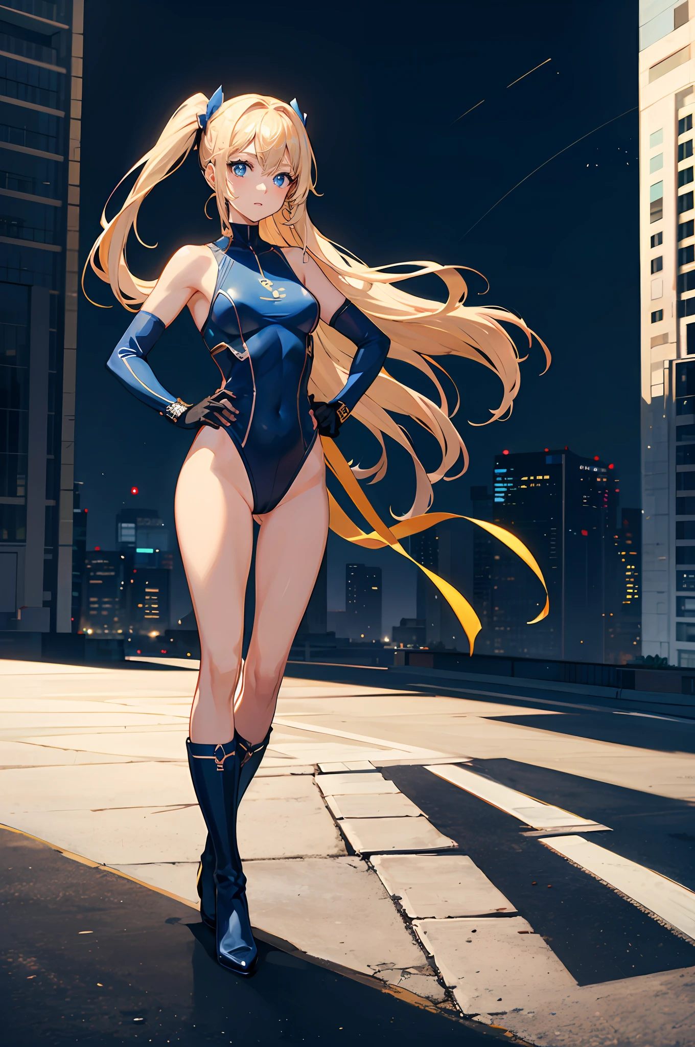 masterpiece, best quality, highres, 1girl, solo, superhero, leotard, bare legs, boots, matching boots, sleeveless, gloves, bracelets, matching gloves, looking at viewer, city backdrop, perfect hands, perfect eyes, perfect leotard, perfect legs, perfect arms, perfect fingers, blue and white leotard, blonde hair, blue eyes, medium breasts, long hair, standing, hands on hip, full body, heroic