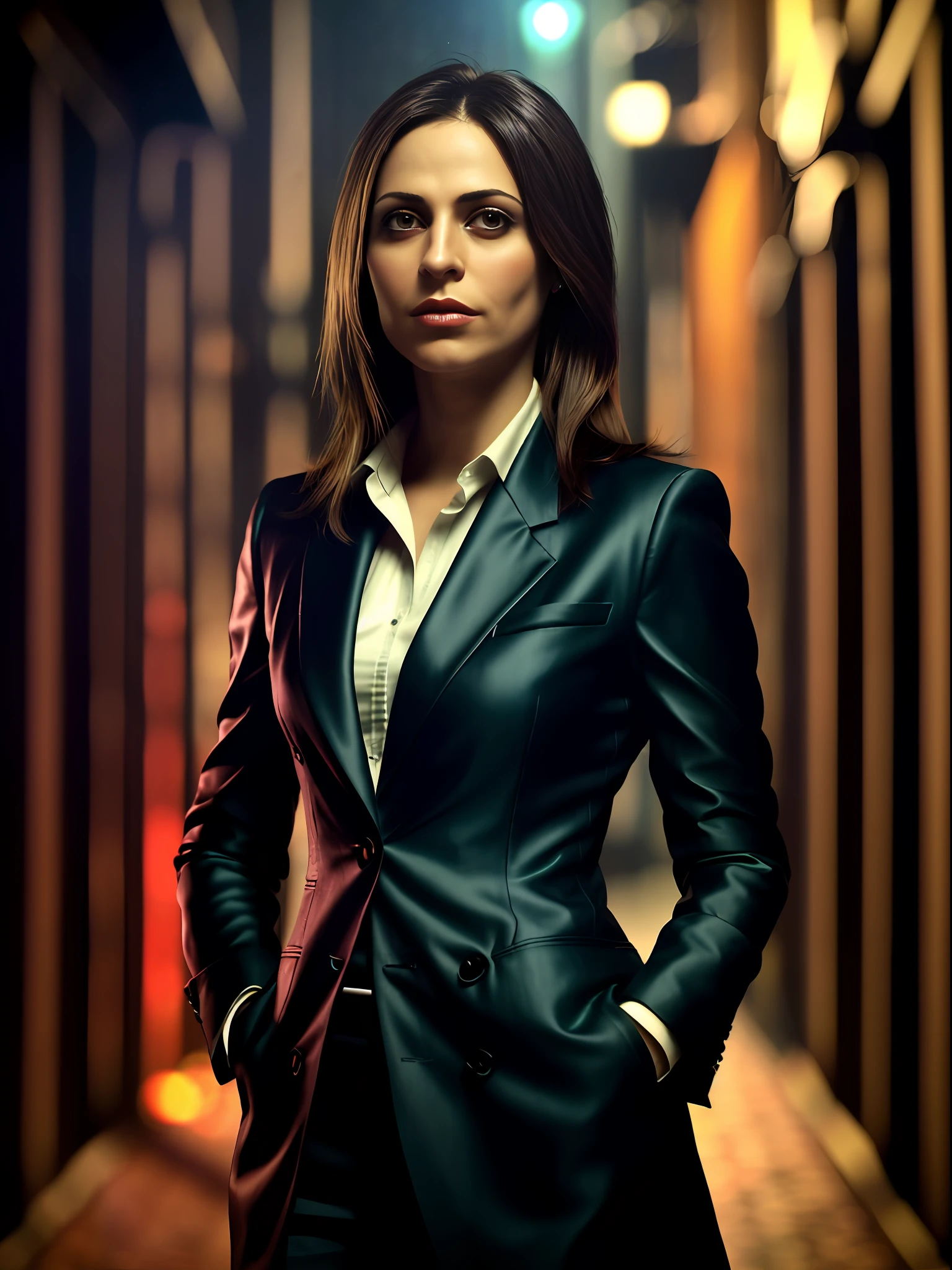 (Character: one Israeli woman, 30 years old, brunette, medium hair)
(Clothing: wine red lawyer clothes)
(Background: dark alley at night:1.3, intense urban lights in background, dark, ominous) 
(Style: ((masterpiece:1.5)), (face detailed), photo-realistic:1.3, hyperrealistic, , high contrast, shiny skin, soft lighting, backlighting, bloom, light sparkles, chromatic aberration,)