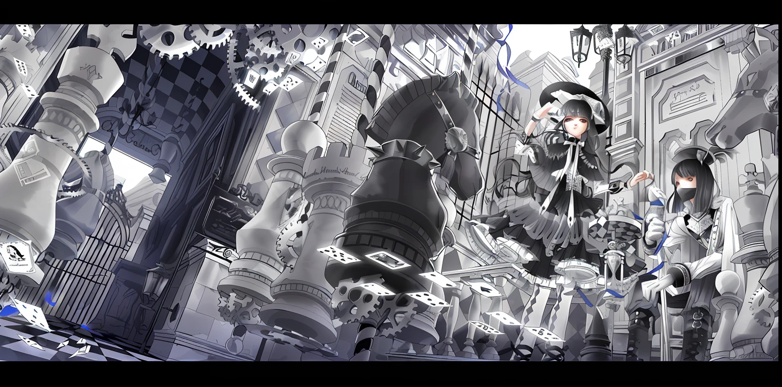 There is a picture of a chandelier，There is a clock inside, high detailed official artwork, monochrome artwork!!, alice in wonderland cyberpunk, [ conceptual art ]!!, intricate ornate anime cgi style, american mcgee's alice, mechanized witch girl, Pisif, rococo cyberpunk, Pisif Contest Champion, by Kamagurka, Rococo machinery, Anime fantasy illustration