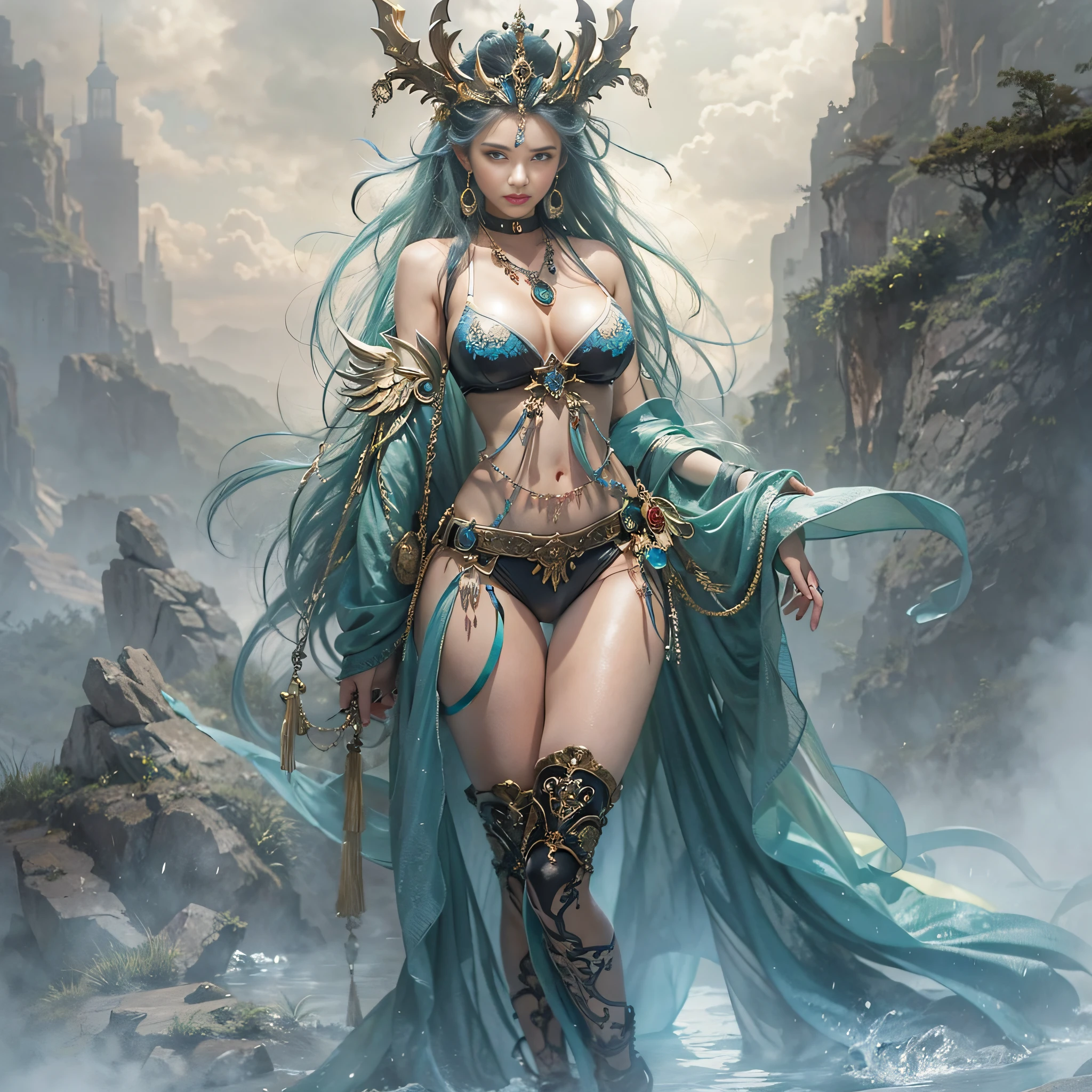 ((​masterpiece)、(top-quality)、(reallistic))、beautiful queen:1.4、Bondage style、latex shiny、By Luis Royo:1.4、1girl in、Sexy Daughter、Attractive earrings with impressive beauty、a choker、a necklace、piercings、(Super beauty)、Super Ultra Ultra Bikini、standingn、fullllbody:1.4、(Beauty in return)、Fantastic mythological landscape