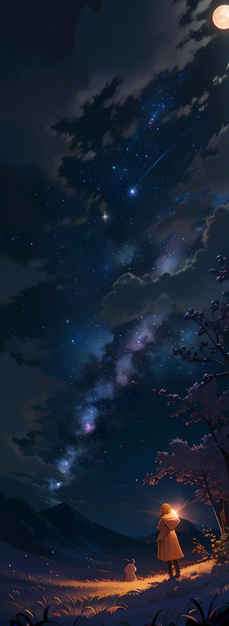 Under a tree in the starry night，The night sky is full of flowers，The night is quiet。digital illustrations，nigh sky;8k，Starry sky environment in moonlight，Starry Sky 8K，night under the starry sky，Endless universe in the background，Night background，Beautiful night sky，Cosmos Sky。author：Shinkai sincerely、starrysky、anime backgrounds