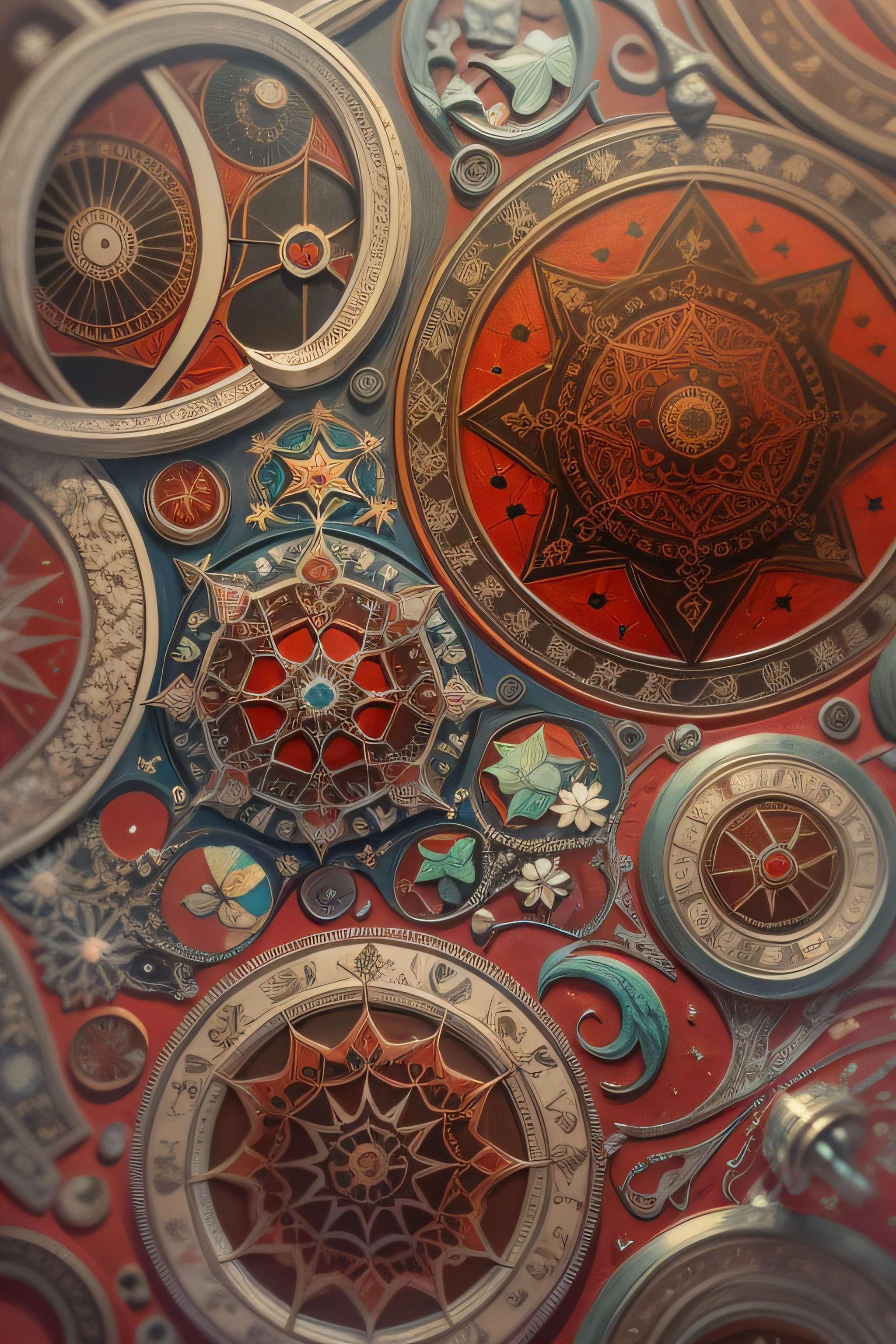 estrela de cinco pontas, magia, simetria, maths, renascentista, oil painting, 2d canvas, altamente detalhado, intricado, classic paint, red monochromatic, cristal, ornamentado, circles, Gothic ornament, graphic design
