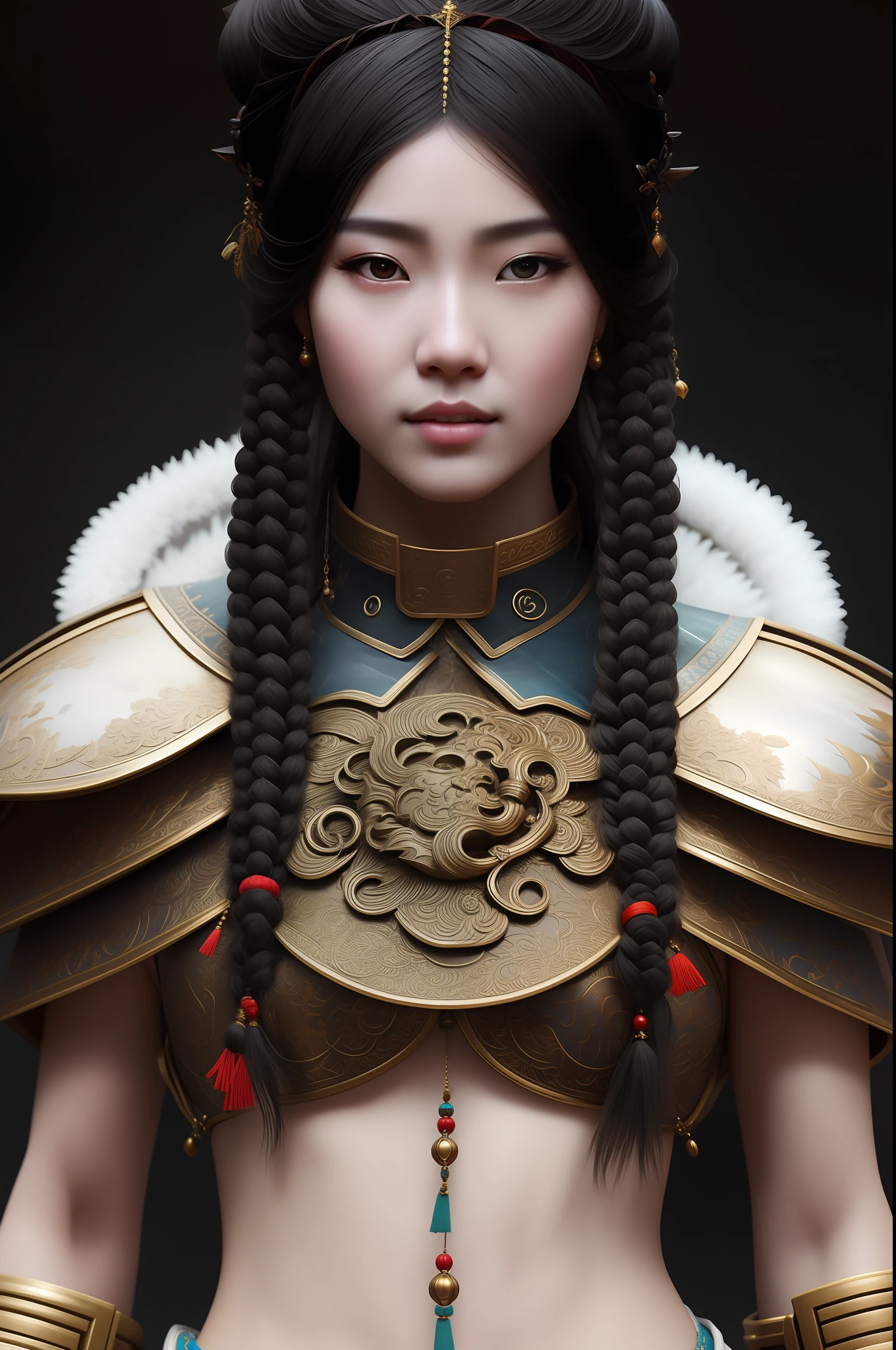 Arafed Mujer con trenzas y un gran collar en un disfraz, Una mujer joven como Genghis Khan, cosplay adornado, inspirado por Wang Meng, inspirado por Lan Ying, inspirado por Chen Rong, por Fei Danxu, Chengwei Pan en ArtStation, inspirado por Li Mei-shu, Impresionante CGsociety, CGsociety y Fenghua Zhong