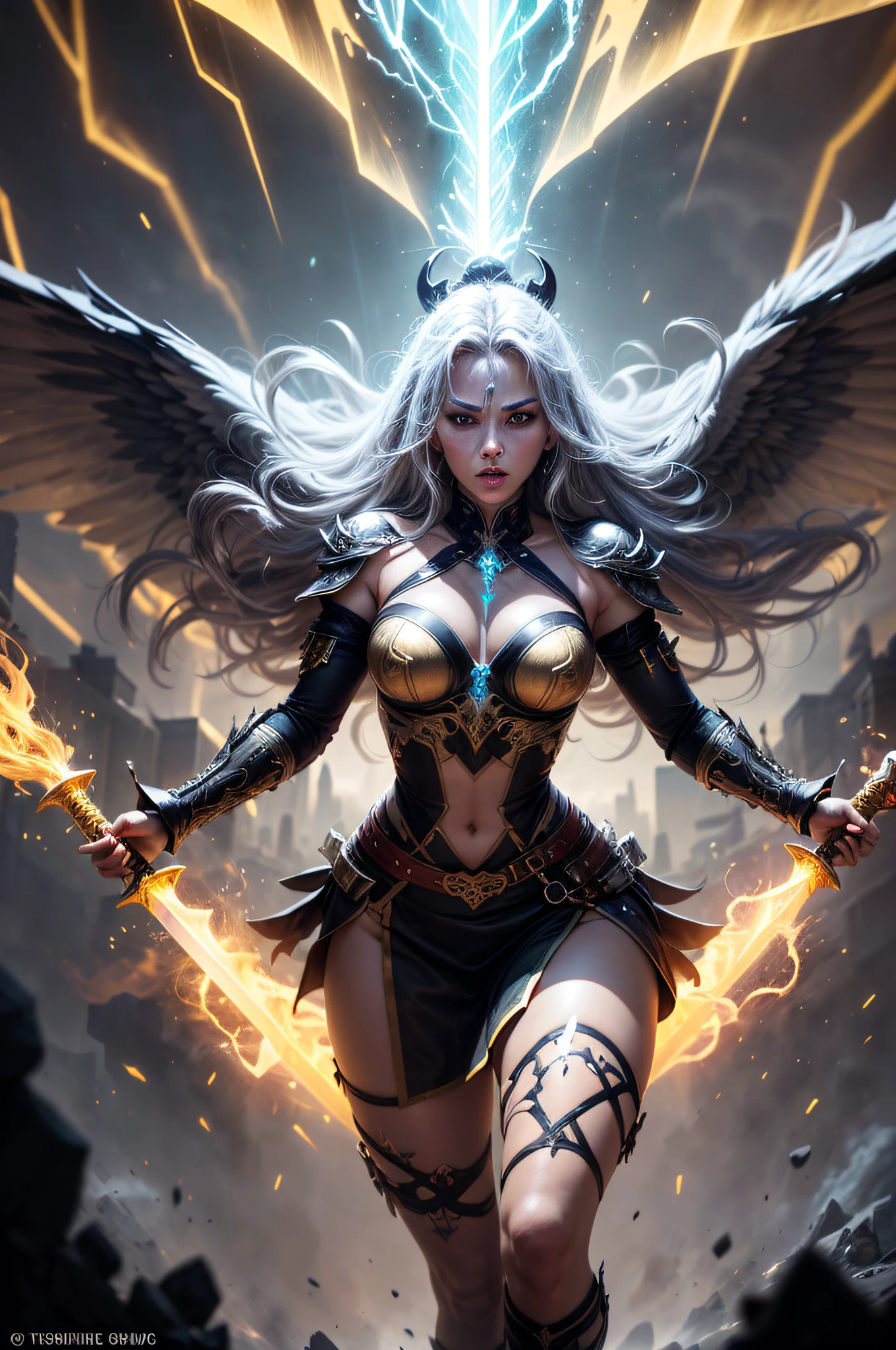 A Bastard Sword-style greatsword, very large with condensed mythical runes displaying a glow in its writings in a magical way, detailed in gold and silver with an intricate neon glow to the details, tron circuitry scattered on it with intense glow, displaying an absurd power shards and vapors flying around her like a whirlwind, sheer power emanating from her