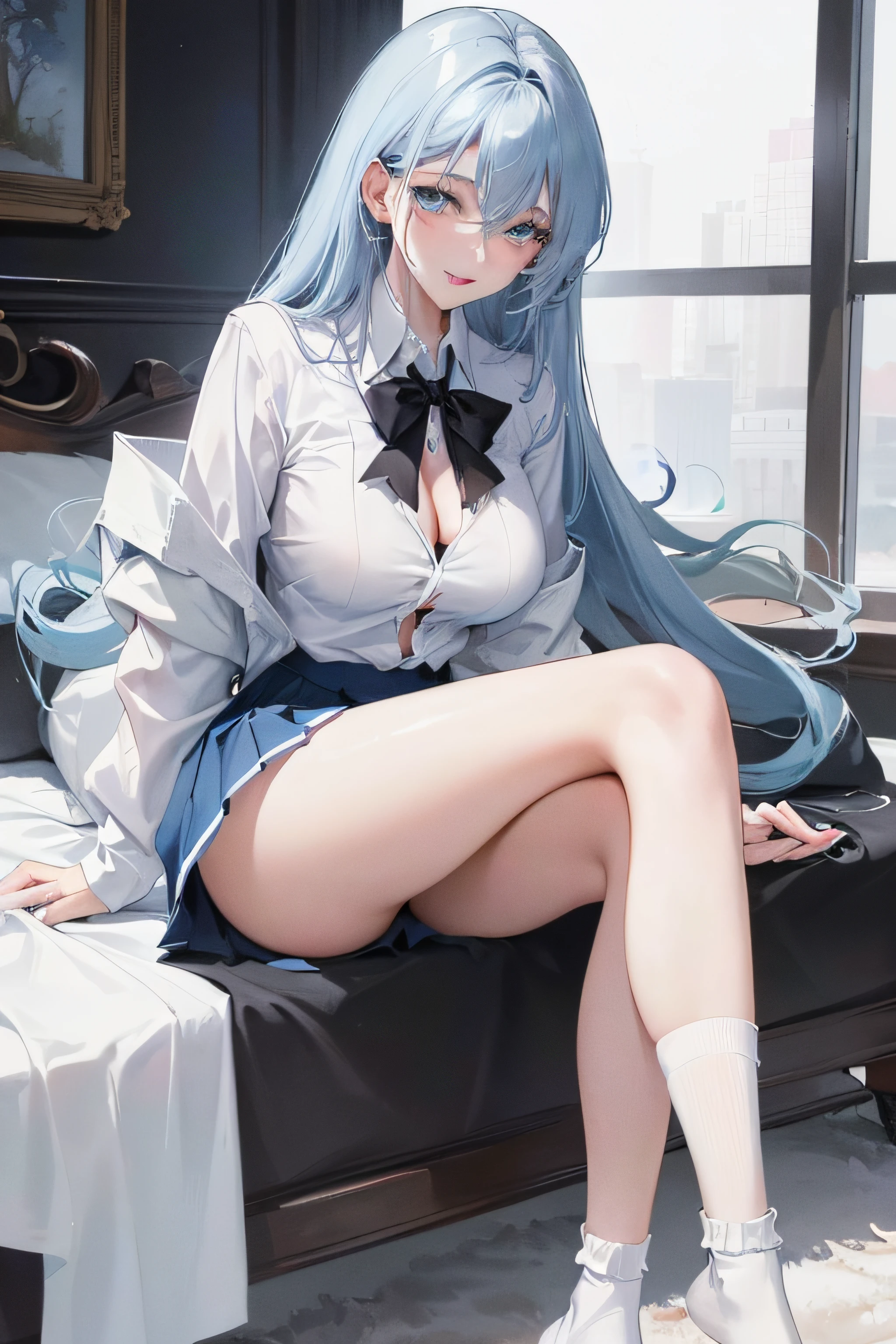 Official fine art,tmasterpiece,Sharp focus,(Beautiful gorgeous lovely Korean women:1.3),(beautiful lovely Korean people:1.3),South Korean beauties,Delicate and beautiful hair and eyes and face,realisticlying,ultra - detailed,a beauty girl,Glowing white particles,(side-lighting:1.2),Slender,Cute big breasts and big buttocks,Toothy laughter,((Laugh and open your eyes)),scenecy,Long straight hair, sexy facial expression, Dynamic hair, Long straight hair, Delicate platinum blue hair, glow blue eyes, (blue pleated shirt+white skirt), Long white socks, paleskin, hair adornments, Official fine art,tmasterpiece,Sharp focus,(best qualtiy, 8K, tmasterpiece:1.3,Delicate and beautiful hair and eyes and face,realisticlying,ultra - detailed,a beauty girl, Focus:1.2, Perfect figure to sit on the bed:1.4,White shirt,a black pleated skirt,Raise your legs high,White knee-length socks,legs are open,Foot elevation,Realistic details,Black color hair,female high-school student,Lori huge breasts cleavage,pantyless,The lower body is visible,Long legs