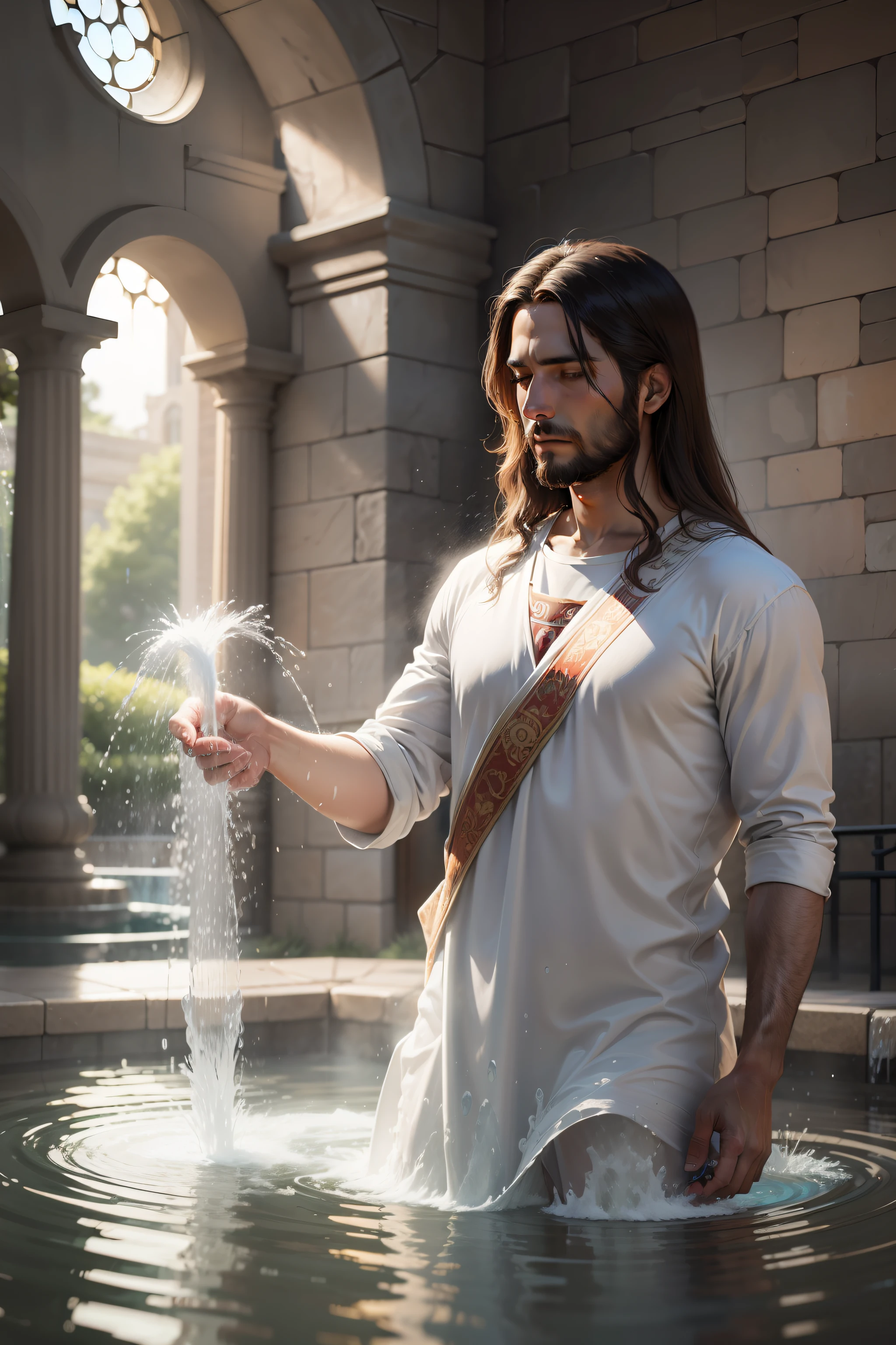 A print with a gushing fountain of water, representing Jesus as the Water of Life.