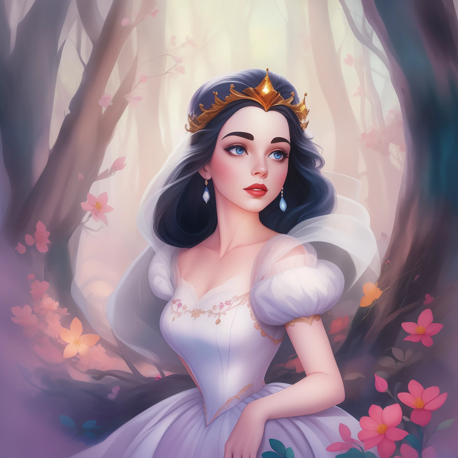 pintura em aquarela   da branca de neve sentada em uma rocha em uma floresta, Retrato da Branca de Neve, Branca de Neve, Arte no estilo da Disney, estilo de arte disney, pale snow white skin, arte disney, 4K HD |. cabelos brancos de neve, pintura de personagem bonita, arte conceitual disney, arte de pintura digital dos desenhos animados, Pintura do retrato de uma princesa, personagem disney, estilo de personagem disney