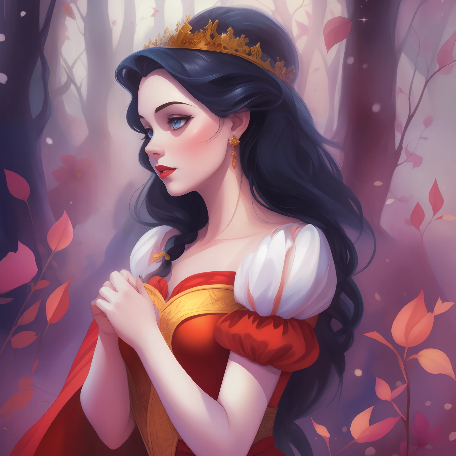 pintura em aquarela da branca de neve sentada em uma rocha em uma floresta, Retrato da Branca de Neve, Branca de Neve, Arte no estilo da Disney, estilo de arte disney, pale snow white skin, arte disney, 4K HD |. cabelos brancos de neve, pintura de personagem bonita, arte conceitual disney, arte de pintura digital dos desenhos animados, Pintura do retrato de uma princesa, personagem disney, estilo de personagem disney