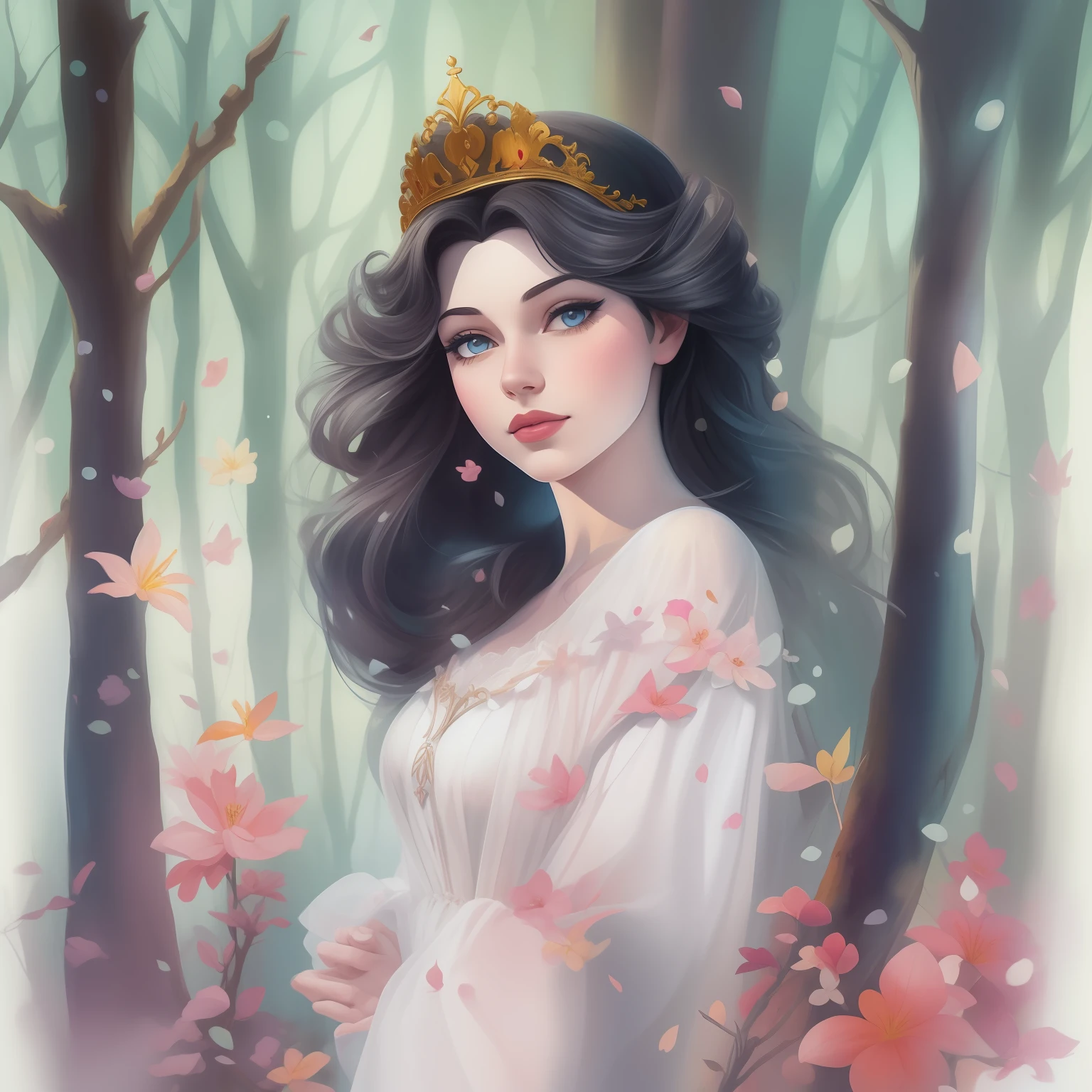 pintura em aquarela   da branca de neve sentada em uma rocha em uma floresta, Retrato da Branca de Neve, Branca de Neve, Arte no estilo da Disney, estilo de arte disney, pale snow white skin, arte disney, 4K HD |. cabelos brancos de neve, pintura de personagem bonita, arte conceitual disney, arte de pintura digital dos desenhos animados, Pintura do retrato de uma princesa, personagem disney, estilo de personagem disney