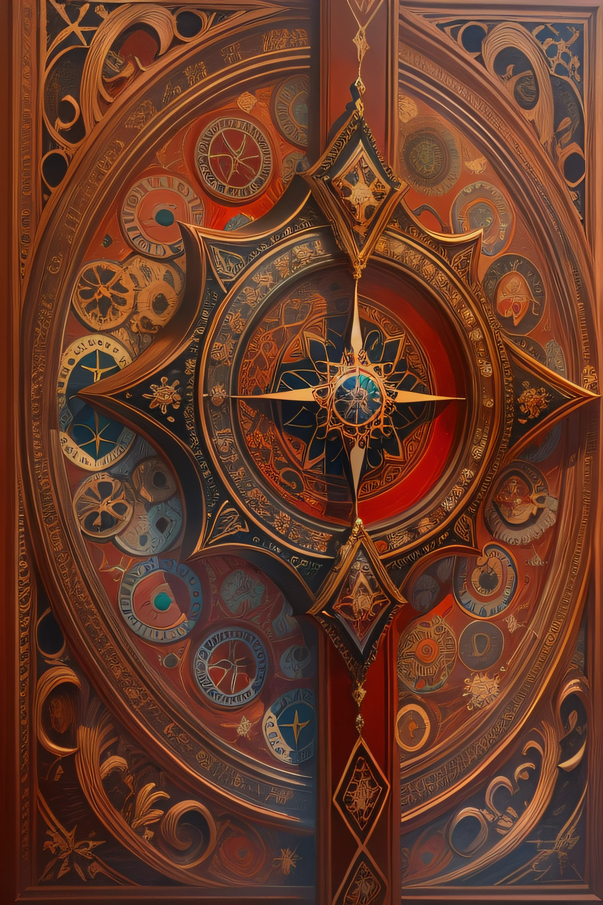 estrela de cinco pontas, magia, simetria, maths, renascentista, oil painting, 2d canvas, altamente detalhado, intricado, classic paint, red monochromatic, cristal, ornamentado, circles, Gothic ornament, graphic design