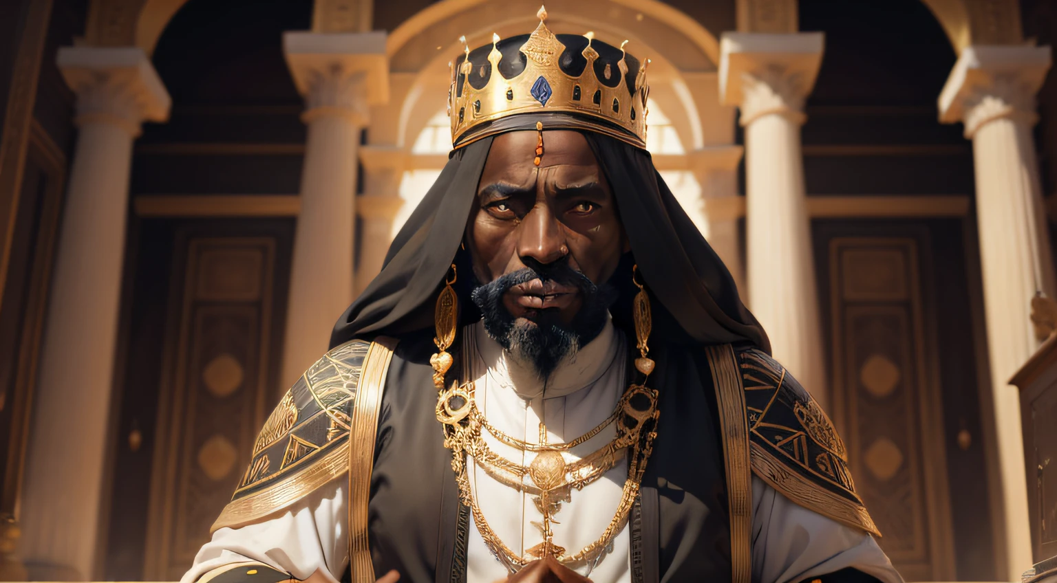 Old Black King in front of his palace, Mansa Musa, ultrarrealista | |, altamente detalhado, hyper realistic, Perfect artwork, master part, melhor qualidade, alto, layered lighting -- 4K