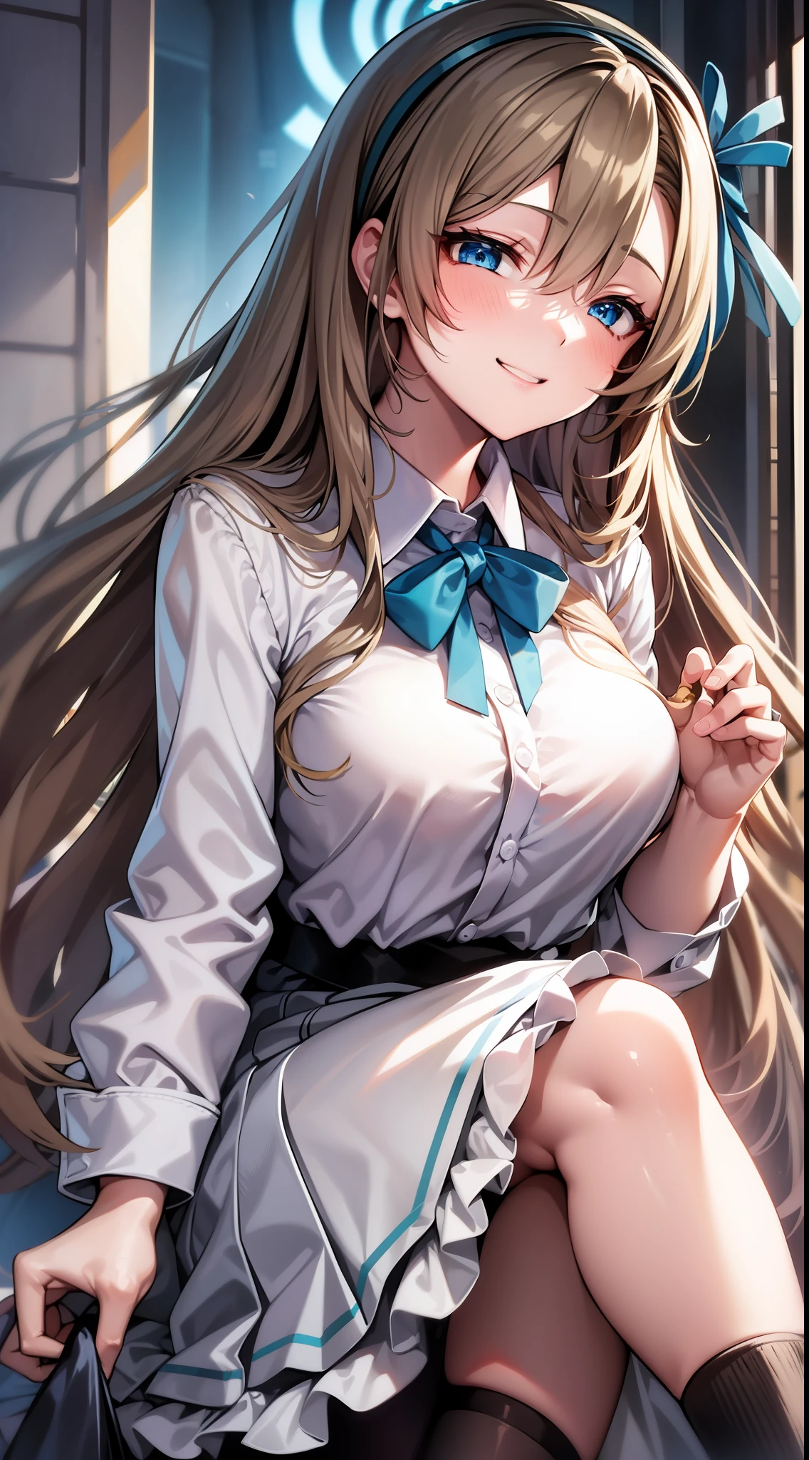 1girl, asuna, blue eyes, long hair, halo, hair over one eye, very long hair, light brown hair, This anime girl has long, fluffy hair, elegantly cut, perhaps adorned with a cute ribbon or accessory.
Her eyes are bright blue, conveying cheerfulness and warmth.
The clothes worn are modern youth trends, but still polite and not vulgar. Maybe she's wearing a neat long-sleeved blouse and a fashionable skirt or trousers.
Her cheeks were flushed with embarrassment and nervousness from the feeling of being in love she was currently experiencing.
Her expression was that of a happy and loving face, with a sweet smile that conveyed her sincere feelings.
