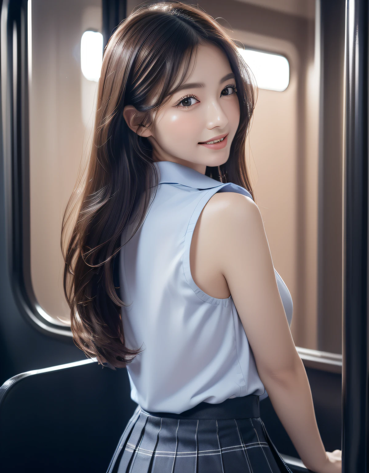 (((Night situation:1.5))), photorealistic, (8k, RAW photo, best quality, masterpiece:1.2), High detail RAW color photo, professional photograph, cowboy shot, (realistic, photo realistic:1.37), cinematic light, (finery detailed face:1.2), white skin, real human skin, (detailed face), oval face, pores, ultra high res, BREAK, thigh 1girl, (((look back:1.2), (thrust out one's hip:1.2))), very cute, very beautiful, photo realistic, Beauty event companion, 18-28 years old, curby:1.15, (medium-breast:1.37, cleavage:1.37), (looking straight at viewer with a serene and goddess-like happiness:1.2), (beautiful thin long hair, brown hair), (lifter gloss, eyelashes, gloss-face, best quality, ultra highres, Broad lighting, natural shading), BREAK, (seductive look, (school girl uniform:1.3, light-blue collared shirt:1.3, black box-pleats-skirt:1.3)), BREAK, ((shy, light smile:1.3, happy;1.3, closed mouth:1.3, blush, in heat, presenting)), BREAK, ((Night bus view:1.5, in the train, moody:1.5, night, star, starry, moody lighting:1.5, cinematic light)), ((sexy random posing:1.3)), blurry background, bokeh, depth of field, (cowboy shot:1.3), centered image, perfect anatomy, perfect proportion,