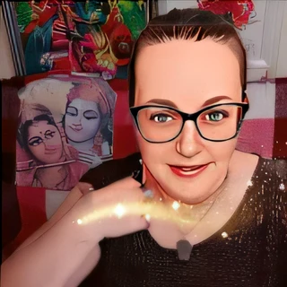 There is a woman with glasses and a necklace, Holding a banana, avatar image, Deity Lesha Hannigan, inspired by Ruth Sanderson, profile pic, Avatar for the site, inspired by Julia Pishtar, Jack Kemp, 3 d goddess portrait, promotional photo, photo taken in 2 0 2 0, Profile picture, Pose 1 of 1 6, illustration »