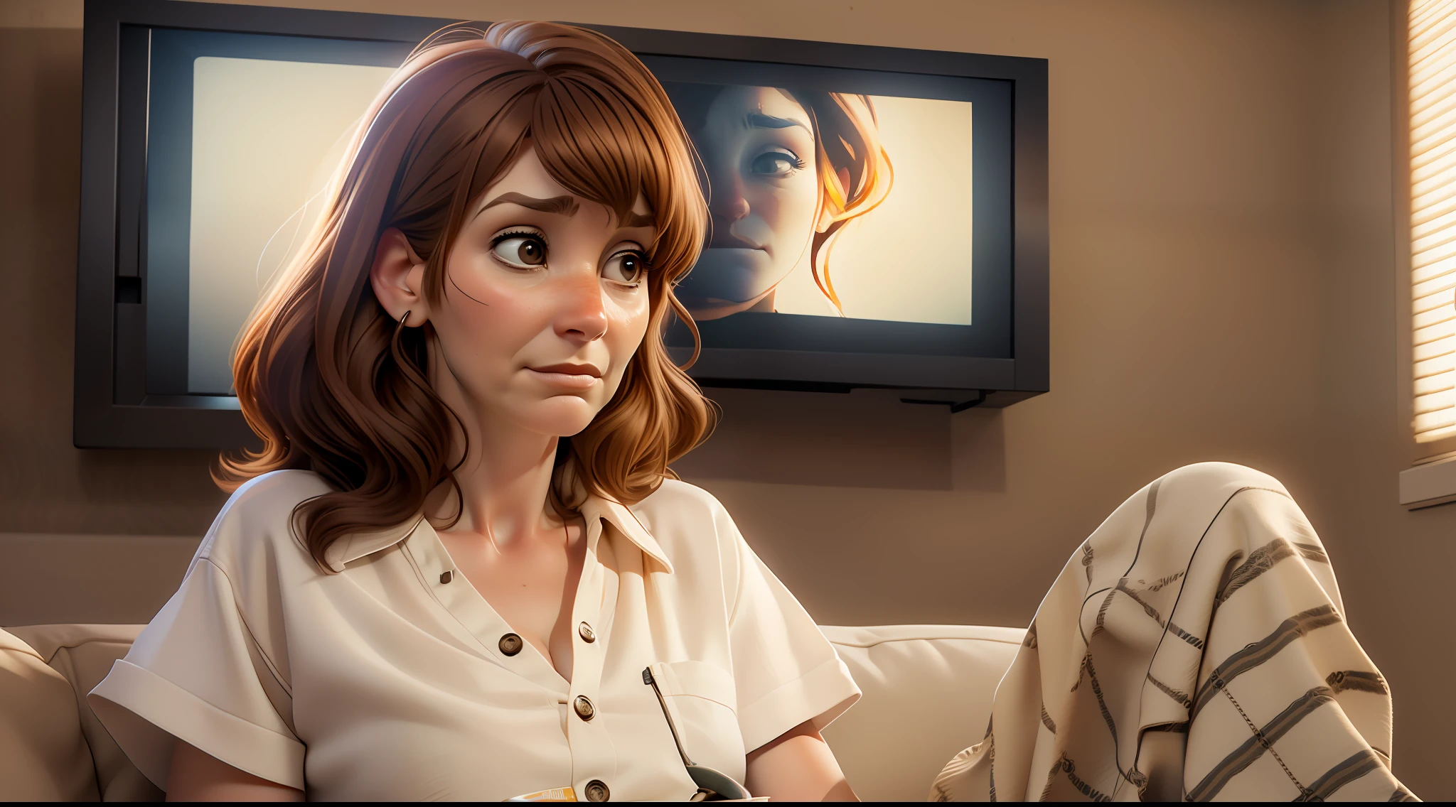 Image of Kari Byron aged 54, sad look, tired face, wearing a white shirt, sweatpants, (100% brown hair), sitting on a sofa, watching television, eating a bowl of ice cream, realistic texture, high quality, realistic skin, face with marked expression lines, look centered on the television, natural light, night,