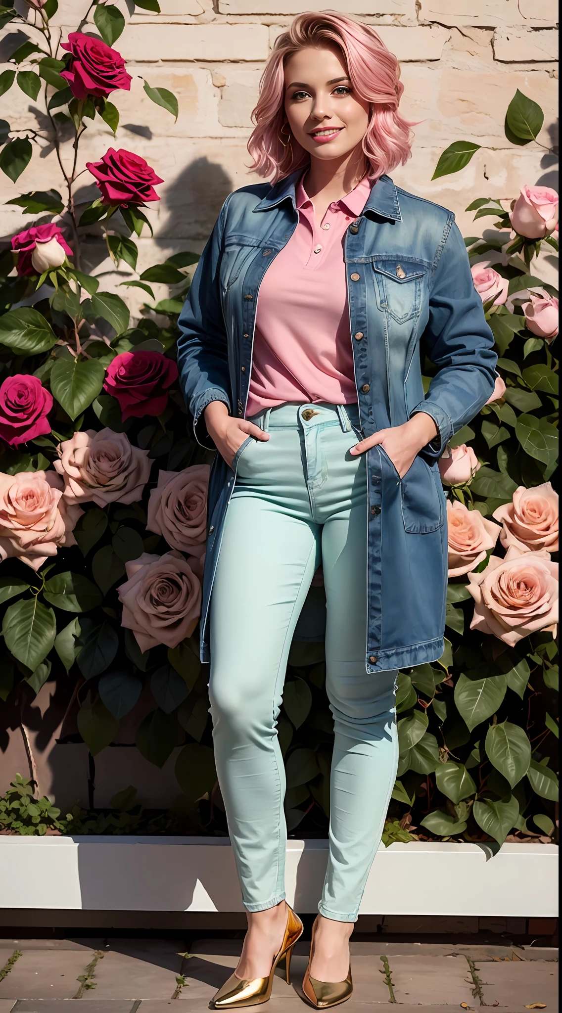 Full body shot, including legs-feet of a beautiful 25-year-old woman from England wearing a ((vintage blue jacket with an orange rose in the centre of the white polo shirt, pink on the white polo shirt)). She wears ((light green jeans, light green pants, gold designs on the edges of the jeans, gold designs on the jeans) (perfect anatomy) 5) (detailed skin: 1.5) (detailed face: 1. 5) (eye highlighting: 1.5) professional make-up (detailed pink hair: 1.5) standing in front of a flower maze painting on golden brick wall, golden wall as background, (blurred background: 1.2) (smile to camera: 1.5) V-Ray – Realistic.