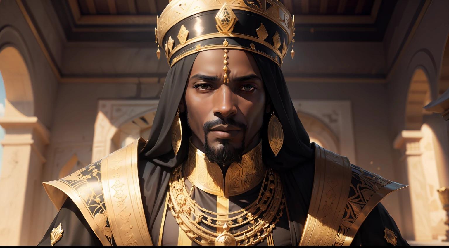 Black King in front of his palace, Mansa Musa, ultrarrealista | |, altamente detalhado, hyper realistic, Perfect artwork, master part, melhor qualidade, alto, layered lighting -- 4K