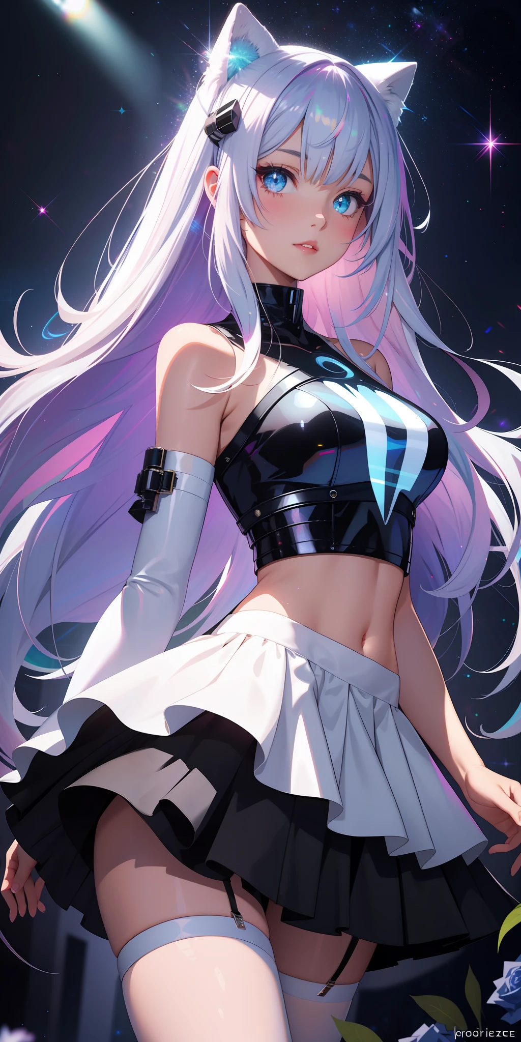 realistic, 1girl, holographic hair, heterochromic eyes, glowing eyes, holo crop top, holo skirt, parted lips, blush, night, white roses, pastels, glitter