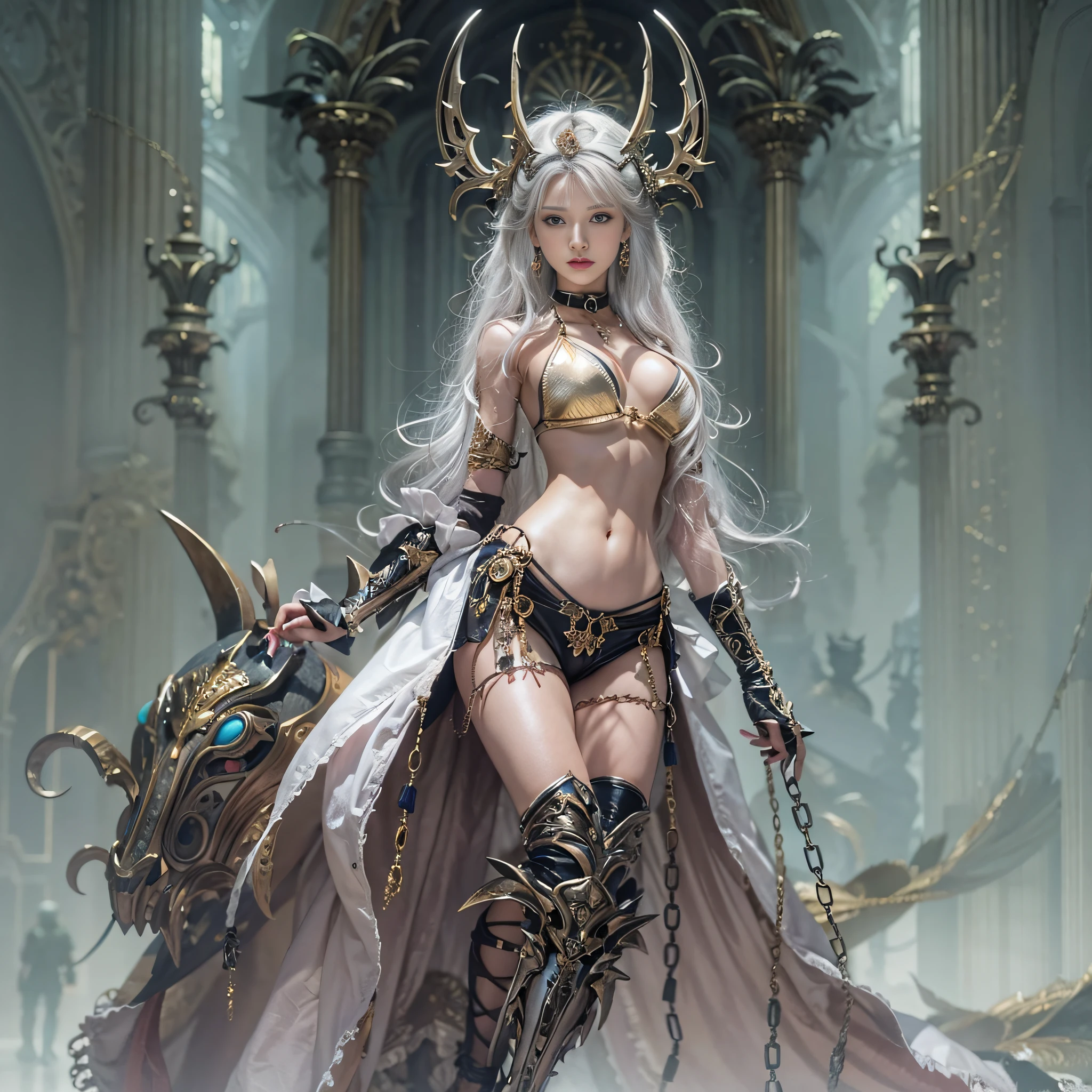 ((​masterpiece)、(top-quality)、(reallistic))、beautiful queen:1.4、Bondage style、latex shiny、By Luis Royo:1.4、1girl in、Sexy Daughter、Attractive earrings with impressive beauty、a choker、a necklace、piercings、(Super beauty)、Super Ultra Ultra Bikini、standingn、fullllbody:1.4、(Beauty in return)、Fantastic mythological landscape