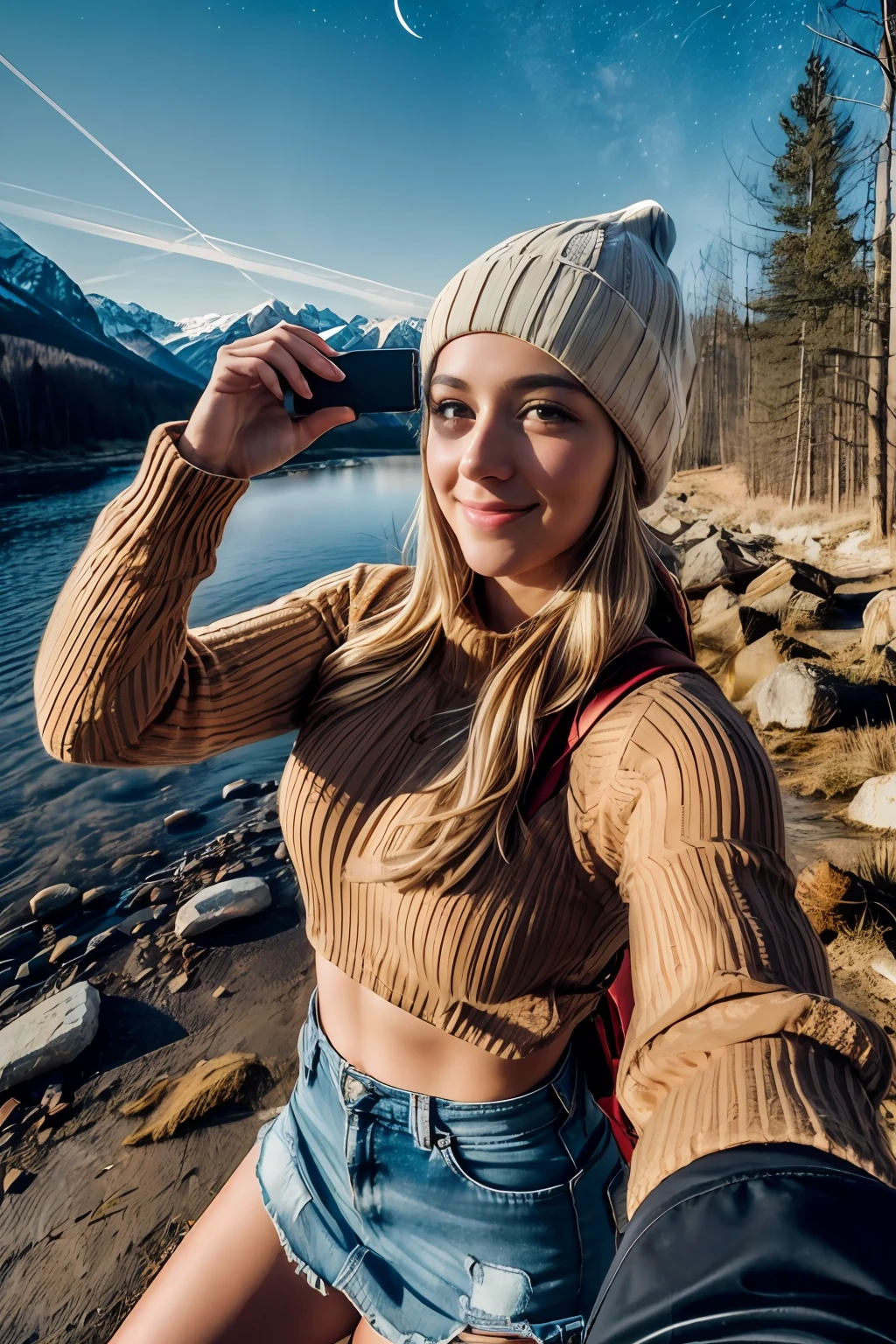 VeronicaCipher ((upper body selfie, happy)), masterpiece, best quality, ultra-detailed, solo, outdoors, (night), mountains, nature, (stars, moon) cheerful, happy, backpack, sleeping bag, camping stove, water bottle, mountain boots, gloves, sweater, hat, flashlight, forest, rocks, river, wood, smoke, shadows, contrast, clear sky, analog style (look at viewer:1.2) (skin texture) (film grain:1.3), (warm hue, warm tone) :1.2), close up, cinematic light, sidelighting, ultra high res, best shadow, RAW, upper body, , wearing pullover
kodak vision 3,