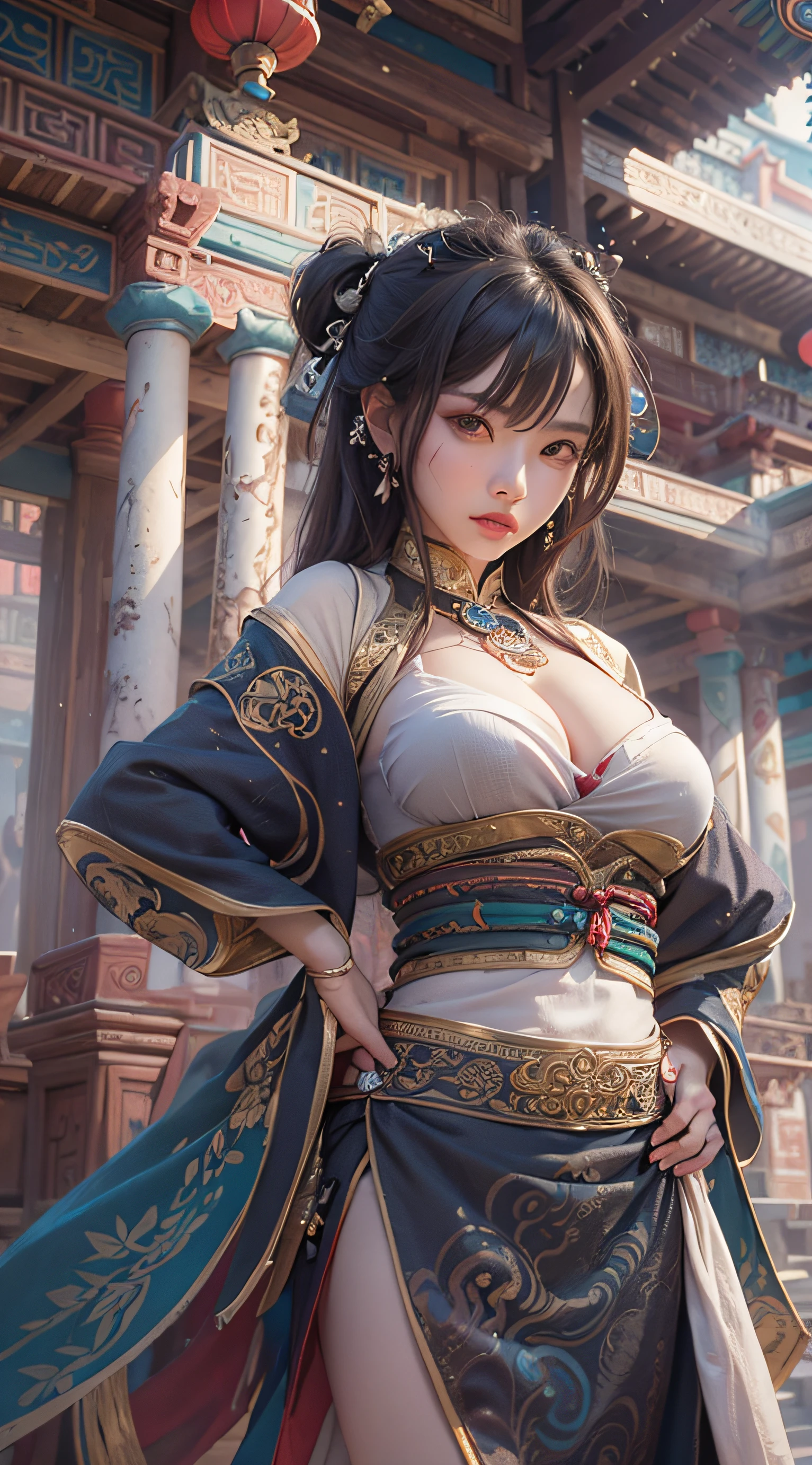 Best quality,masterpiece,ultra high res,(photorealistic:1.4),xiuxian,weapon,Detailed face, 1girl,solo,weapon,cleavage,(magic circle:1.2),xiuxian,upper body,Beautiful girl,full body,huge breasts,east asian architecture,sheath,architecture,