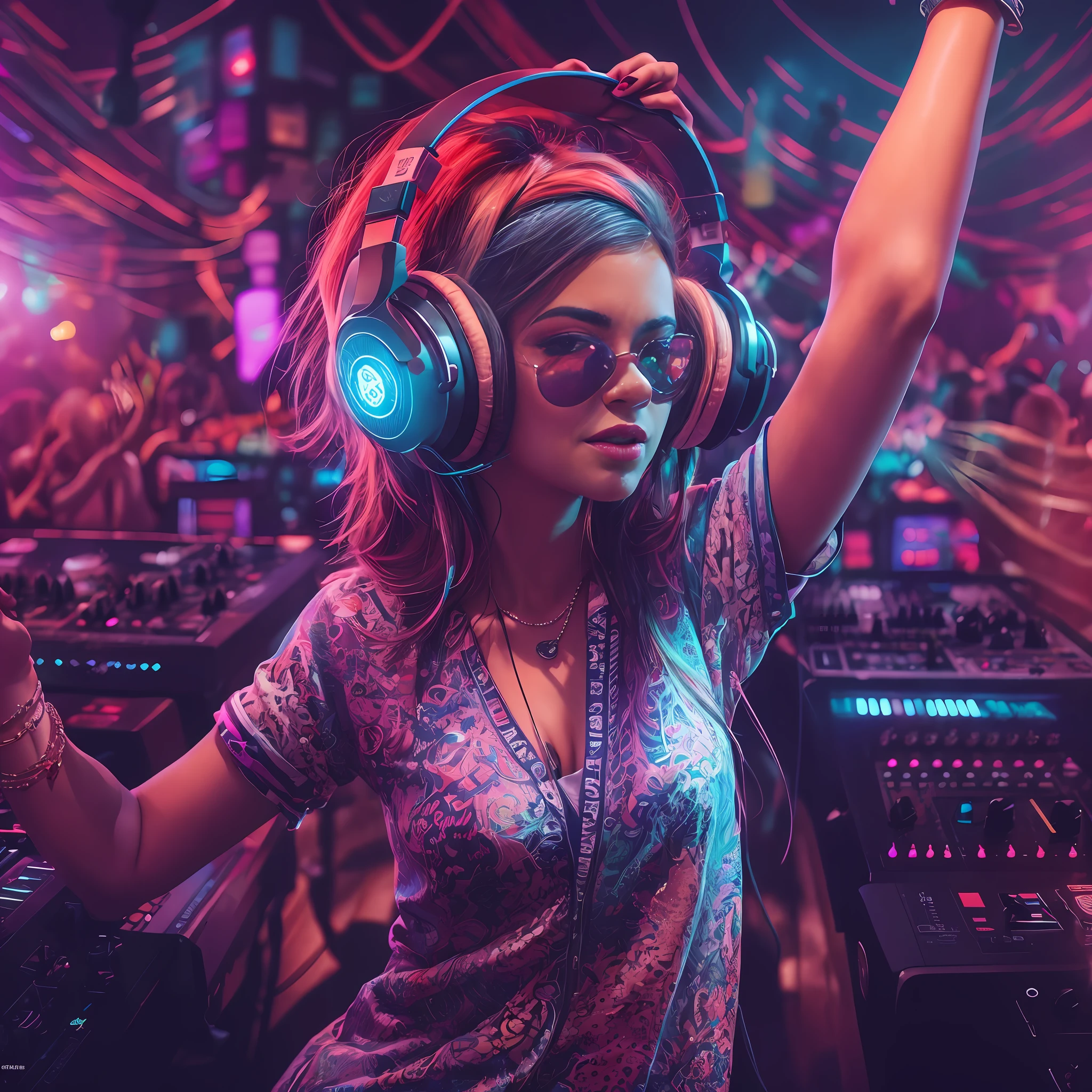 upper body,  female dj, colorful clothes , quirky, vibrant appearance,  playful accessories, creative behavior, imaginative, sensual, spontaneous, dj headphones, mixing console, music club, night club, indie theaters, people dancing on the dance floor background,  underground danceclub,  highest quality, skin texture, intricate details, (cinematic lighting), RAW photo, 8k