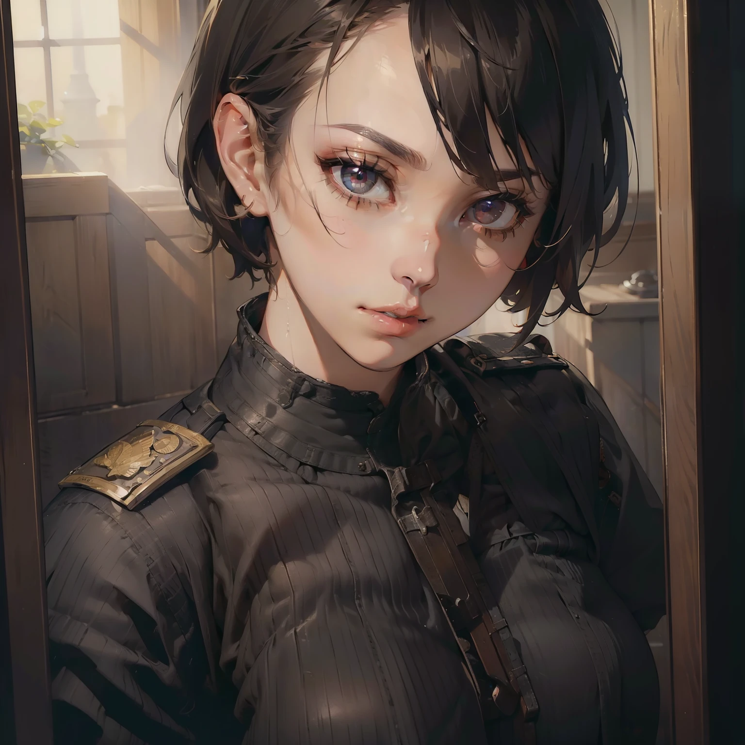 (((masterpiece))),(((best quality))),((ultra-detailed)),(illustration),(dynamic angle),1girl,short hair,old military uniform,standing in a hallway,forties, beautiful and detailed face, detailed eyes