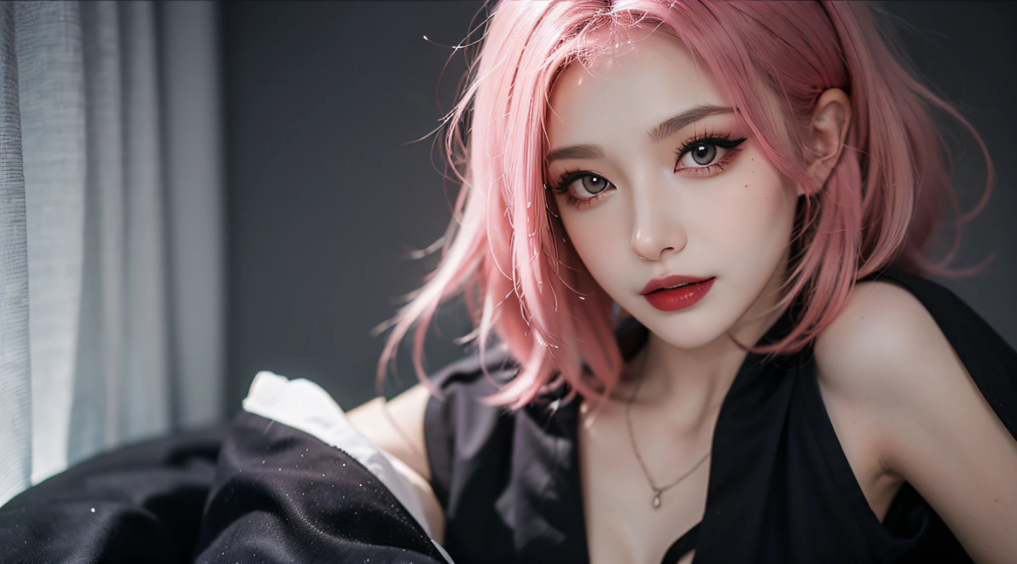 best qualtiy,tmasterpiece,超高分辨率,(Photorealsitic:1.4),RAW photogr,Wallpapers,(Authentic skin texture:1.3),(filmgrain:1.3),full bodyesbian,sitted,onbed,in the darkness nigth, deep shading, low tune,18yo girl,In the dungeon,Large breasts,Short fluorescent pink hair,Black sailor suit,Tyndall effect,red color eyes,(goth makeup:1.2,black lip:1.6,black eyeshadows:1.6,),Beautiful details for eyes and face,attractive smile,Look to the lens, (in the darkness nigth:1.6)