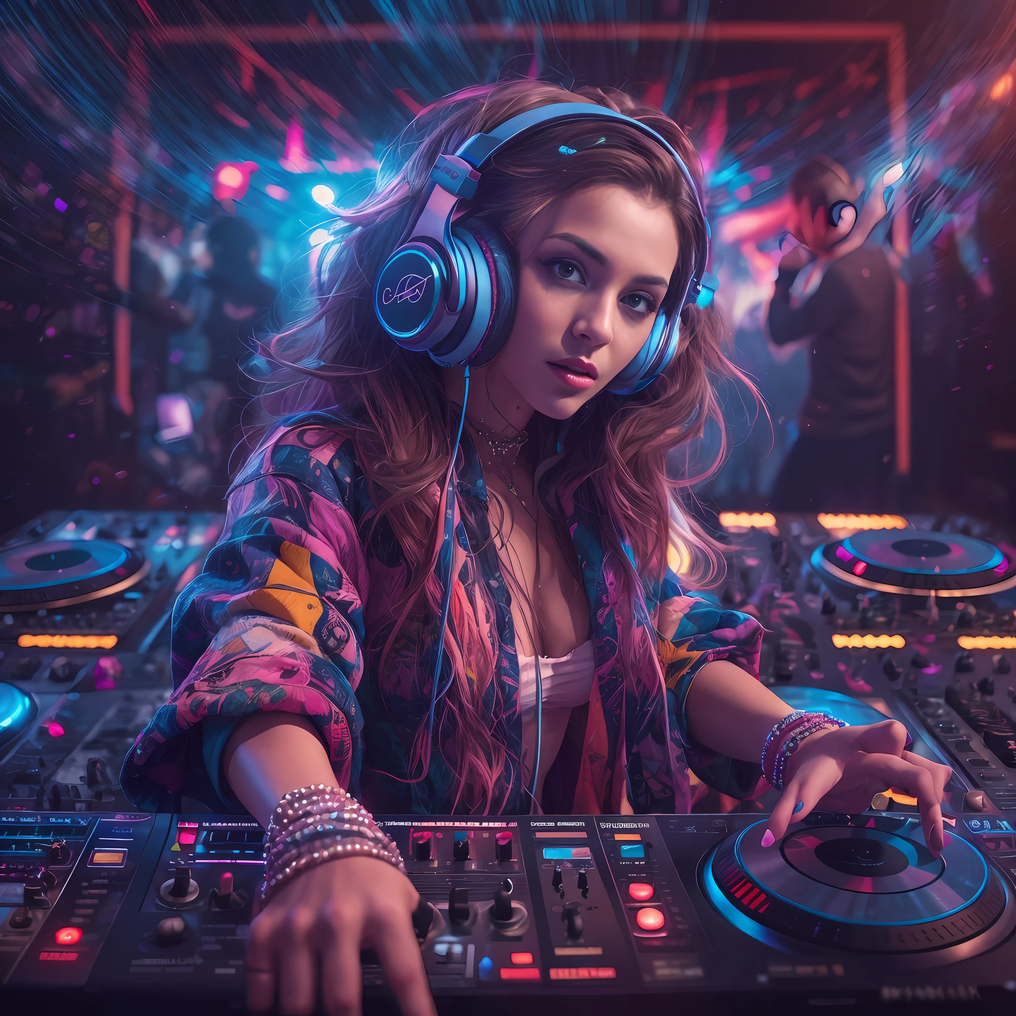 upper body, female dj, colorful clothes , quirky, vibrant appearance, playful accessories, creative behavior, imaginative, sensual, spontaneous, dj headphones, mixing console, music club, night club, indie theaters, people dancing on the dance floor background, underground danceclub, highest quality, skin texture, intricate details, (cinematic lighting), RAW photo, 8k