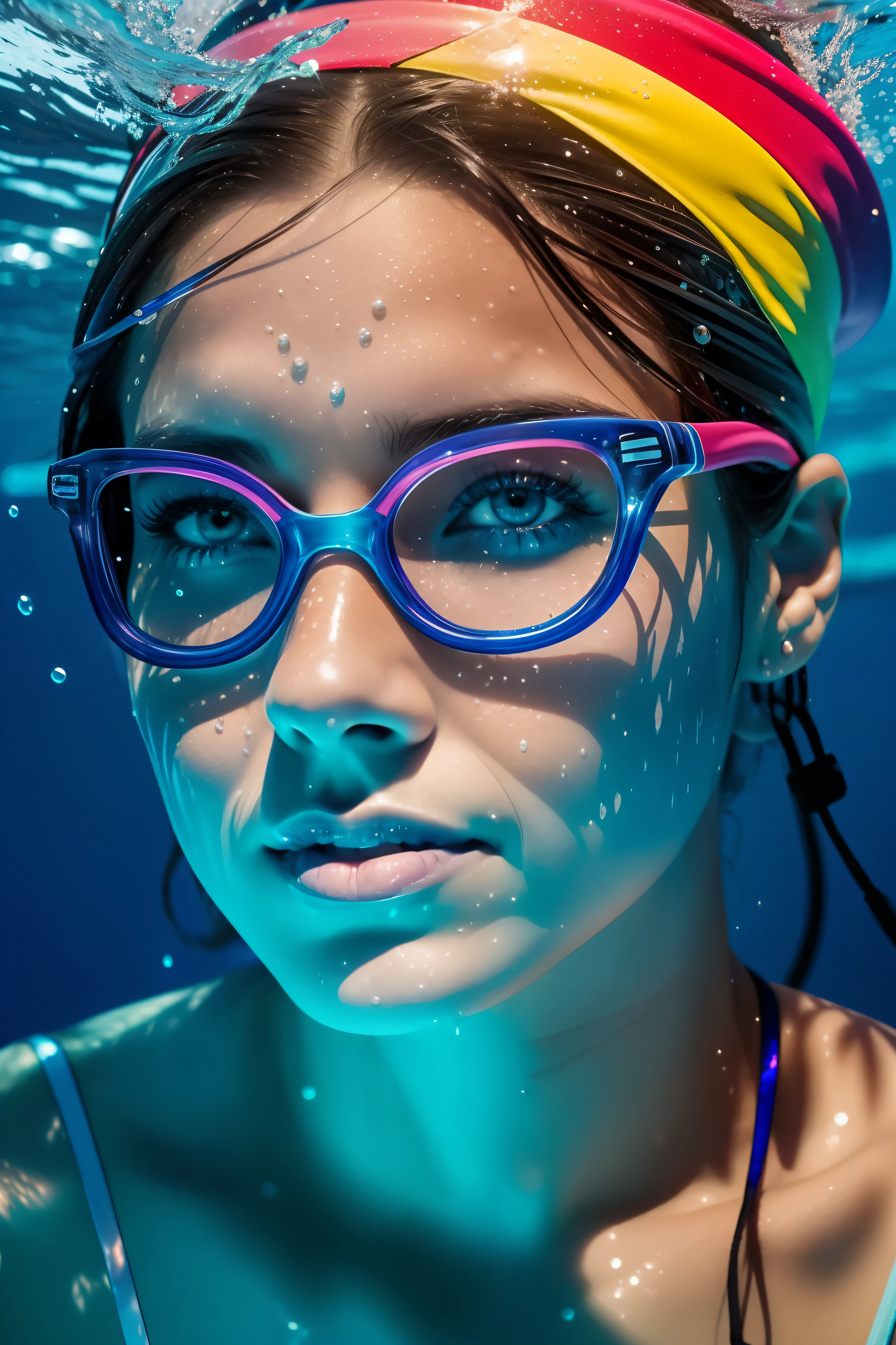 (Agregar efectos Alberto Seveso arte ), Arafed Mujer con gorra azul y gafas nadando en el agua, Shutterstock, Toma de retrato, Retrato de una mujer bajo el agua, Toma de retrato en primer plano, foto fija, en el agua hasta los hombros, athletic fashion photography, en el agua! hasta los hombros, en el agua, underwater swimming, media cara en el agua, swimming, close-up fantasy with water magic, movimiento, , salpicaduras, gotas, (Vista de primer plano ) , cinematography lighting, efecto de luces led multicolores en el agua de la piscina, salpicaduras multicolores, gotas multicolores, Alberto Seveso Arte, 8k, ultra-high def, no borroso, Texturas, ..3d, cinematic landscape