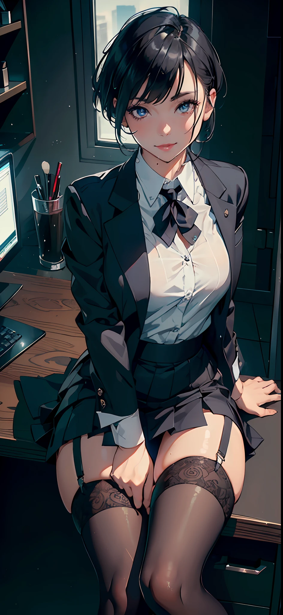 1girls, full body, fit muscular body, taked from bottom, low angel, sharp detailing ((8K, HD, ultra smooth rendering, detail, ultra detailing, dynamic lighting, dynamic range, (((POV))), detailed 360° office background, cinematic)) (bright skin: 1.5)) ((realistic skin texture: 1.8)) seductive pose, seducing face, smile-mouth slightly open, makeup, detailed pupils, half-closed eyes, banged, offside pupils, black hair, short haircut, office lady, wearing blue suit, uniform, wet white shirt, mini skirt, stocking, garter belt, wearing heels, spread legs